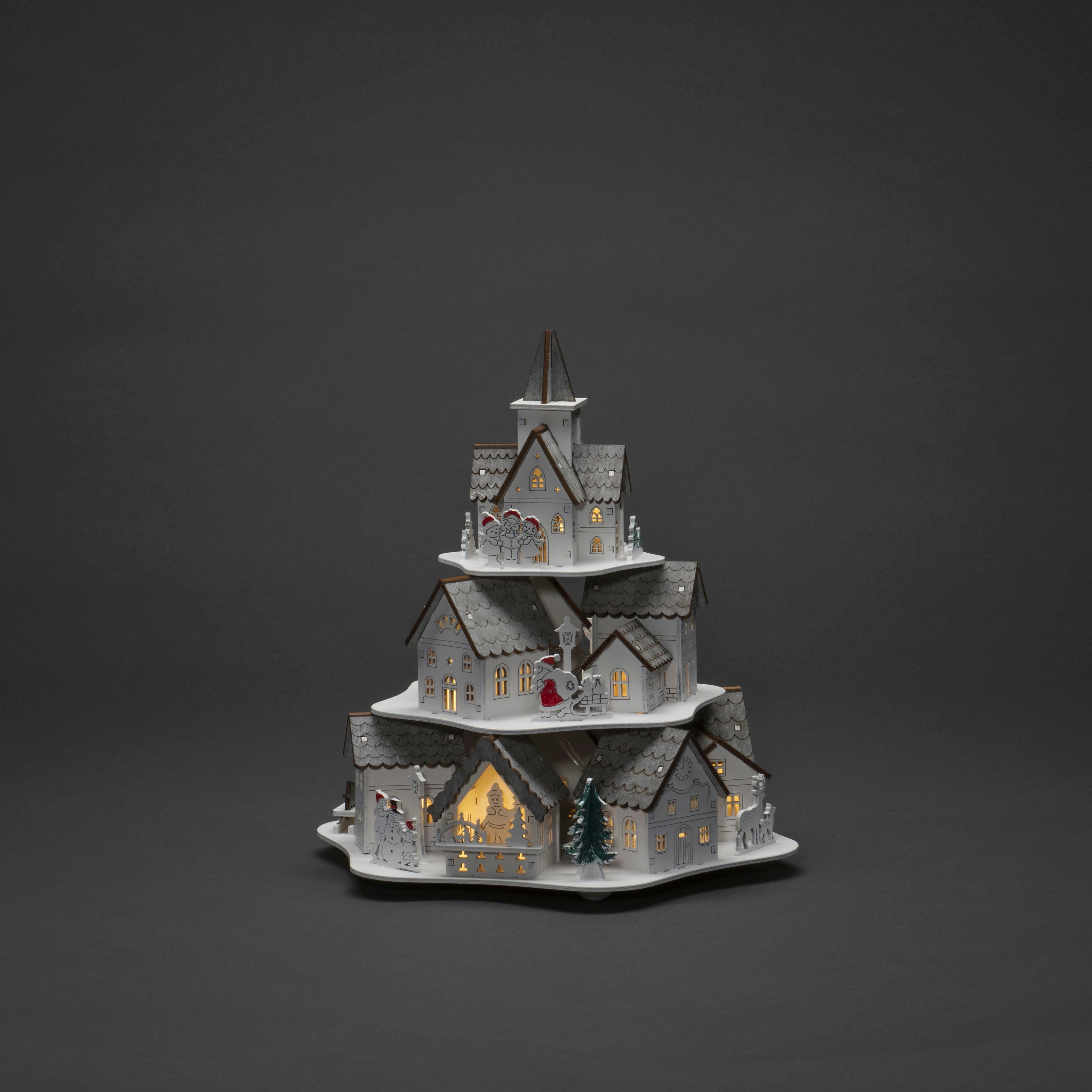 KONSTSMIDE Weihnachtshaus LED Holzsilhouette Häuser, weiß, 10 warm weiße Dioden, wählbare Energieversorgung zwischen USB oder Batteriebetrieb, 6h Timer