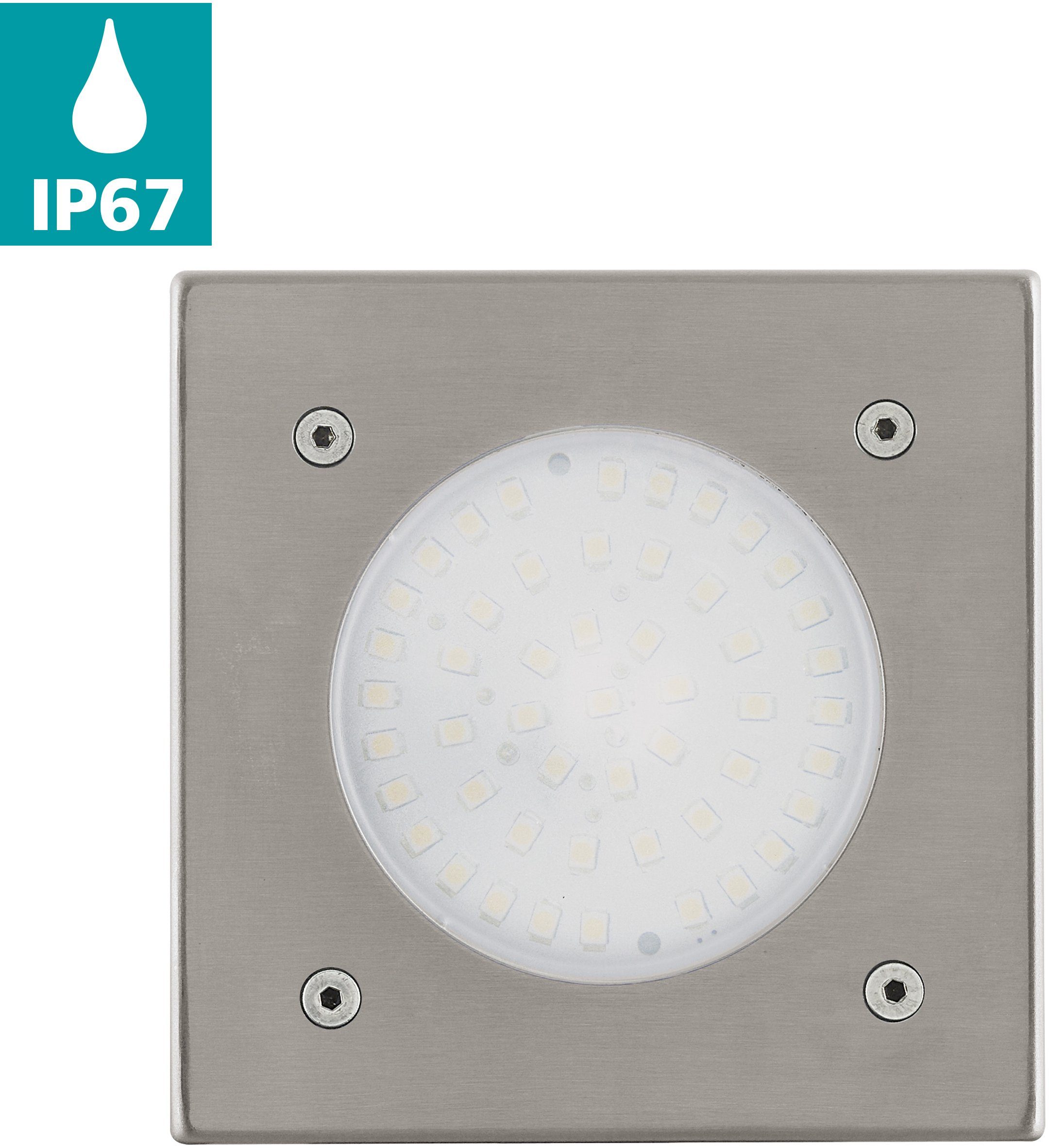 EGLO Einbauleuchte LAMEDO Bodeneinbaulampe, Edelstahl und Glas, IP65, IP67, Außenlampe, LED fest integriert, Warmweiß, Bodeneinbauleuchte, L10 x B10, edelstahl, 1X2,5W inkl.