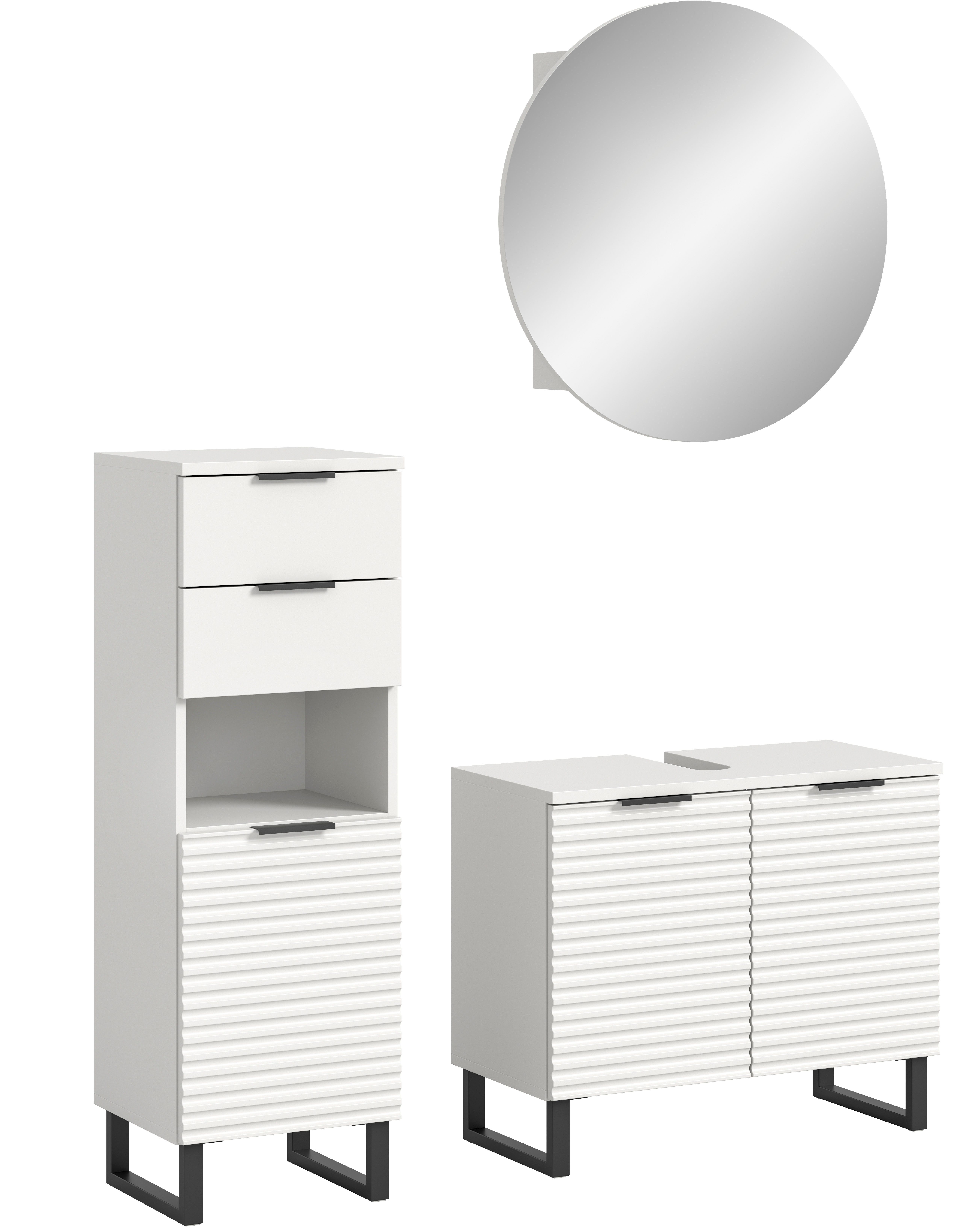 welltime Badmöbel-Set Litica, Breite 120 cm, hochwertige Rillenfräsung, Metallkufen, (3-St), best. aus.: Unterschrank, Waschbeckenunterschrank, Spiegelschrank