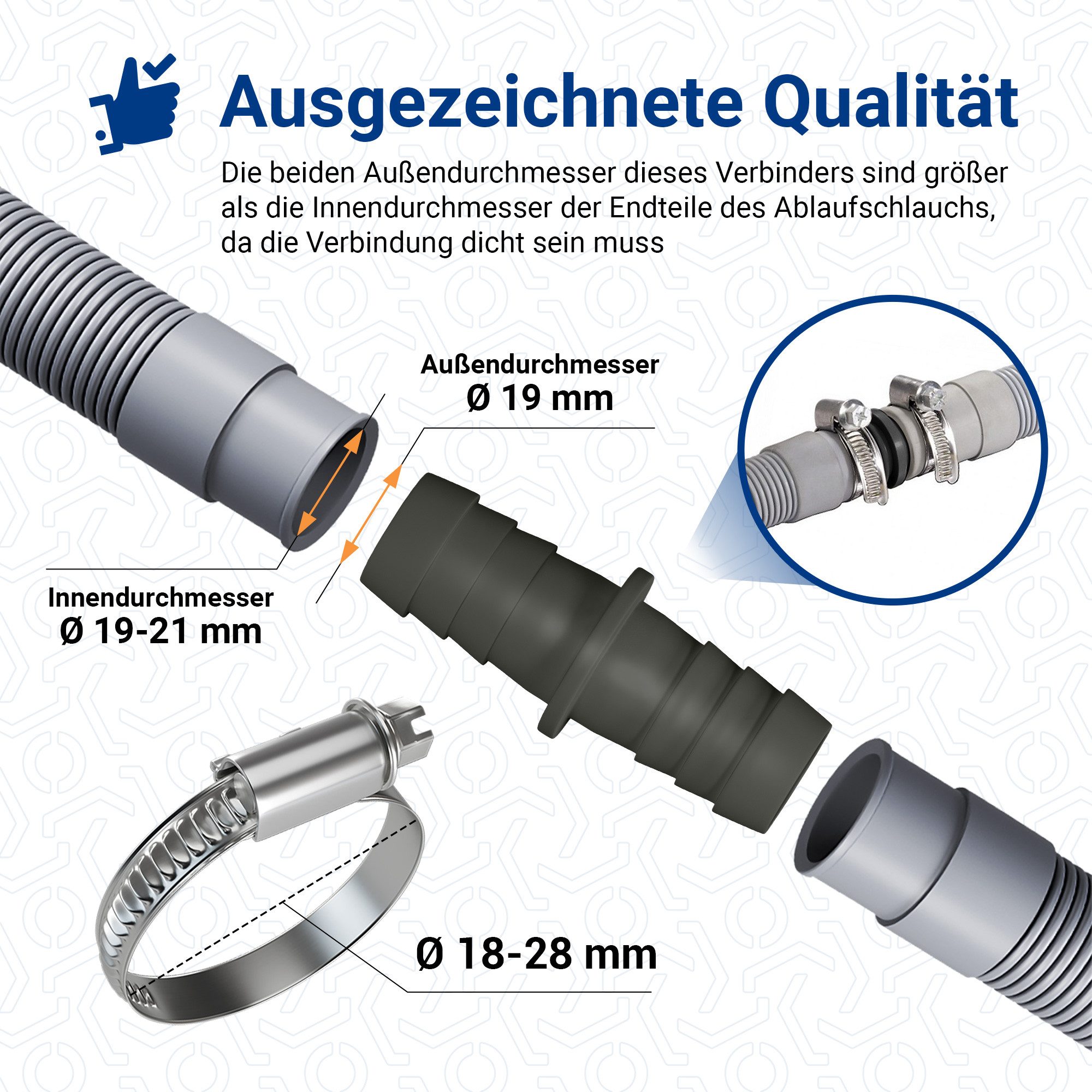 VIOKS Schlauchverbinder Verbindungsstück Ablauchschlauchverbinder, mit 2 Schlachschellen 18-28mm für Spül- und Waschmaschine – Bild 4 von 5