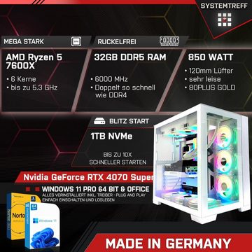 SYSTEMTREFF Gaming-PC (AMD Ryzen 5 7600X, GeForce RTX 4070 Super, 32 GB RAM, 1000 GB SSD, Luftkühlung, Windows 11, WLAN)
