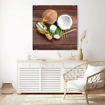 Primedeco Glasbild Wandbild Quadratisch Kokosmilch und Öl mit Aufhängung, Früchte