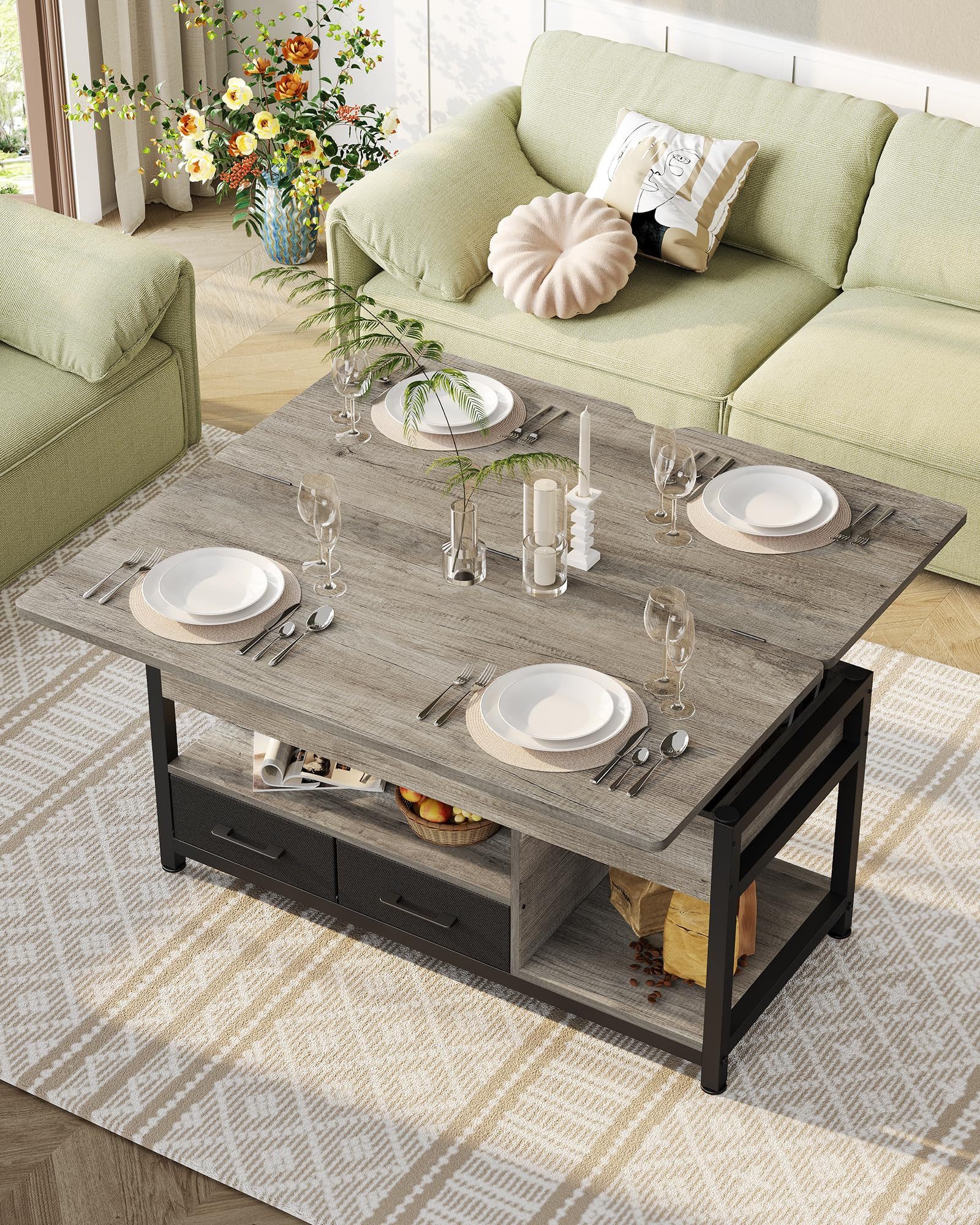 MSMASK Couchtisch 3-in-1-Multifunktions-Wohnzimmertisch mit 2 Schubladen, Kaffeetisch, Versteckte Aufbewahrung, 50T x 100B x 50H cm