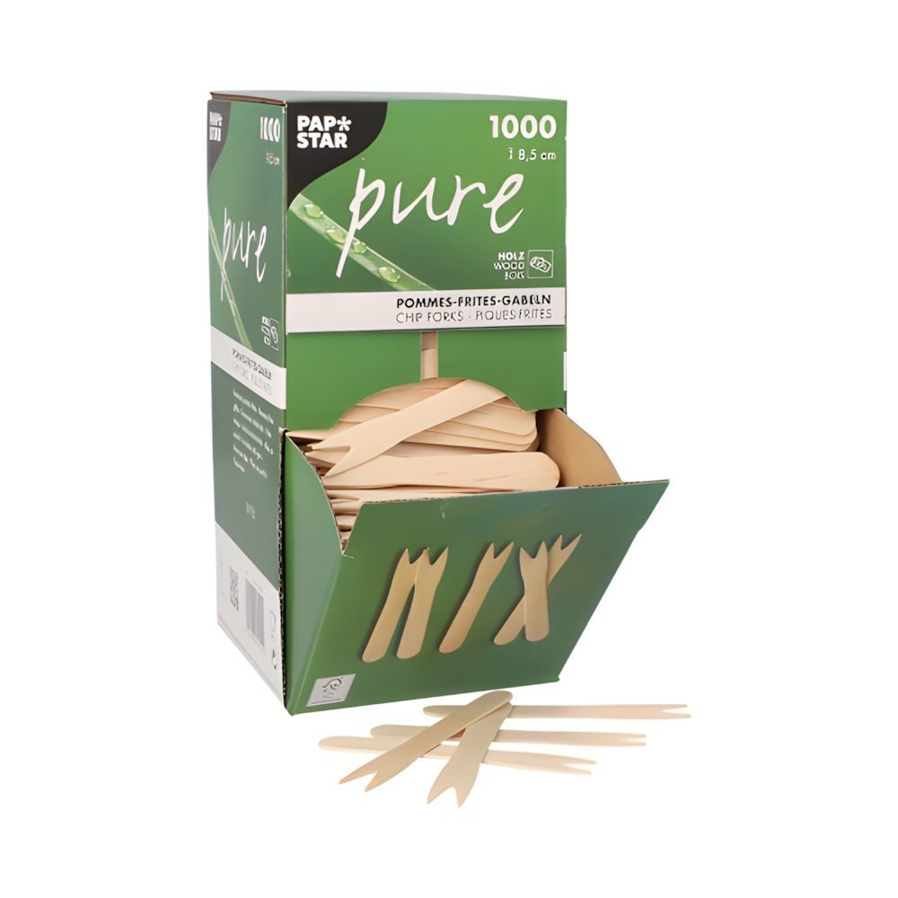 PAPSTAR Einweggabel Pommes-Frites-Gabeln, Holz pure 8,5 cm 1000 Stk