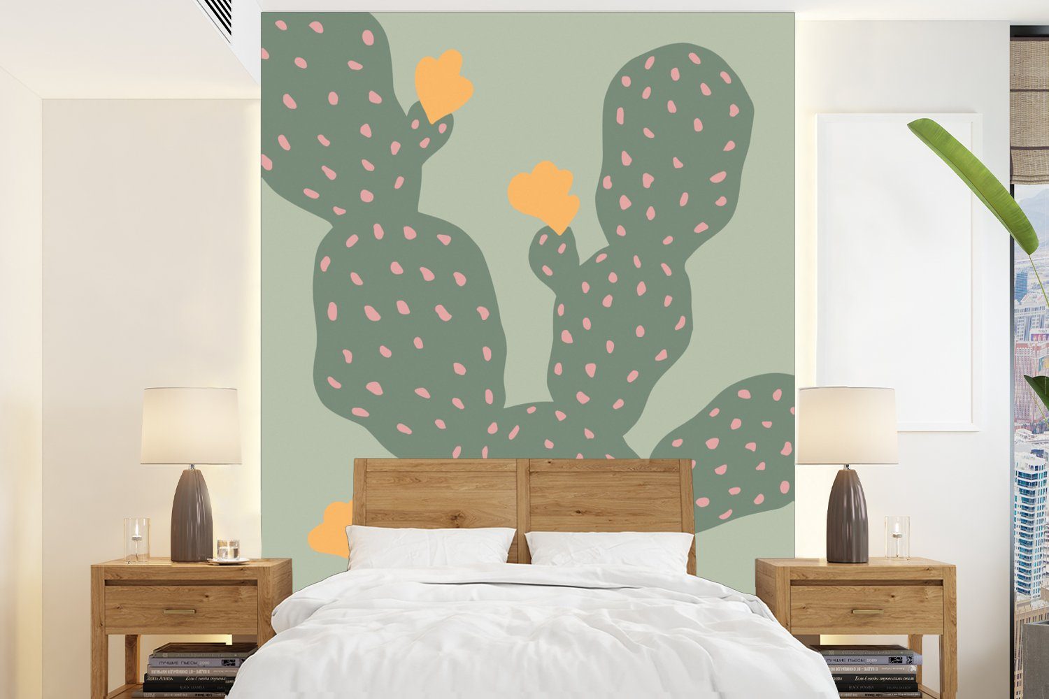 MuchoWow Fototapete Kaktus - Grün - Natur - Gelb, Matt, bedruckt, (4 St), Montagefertig Vinyl Tapete für Wohnzimmer, Wandtapete