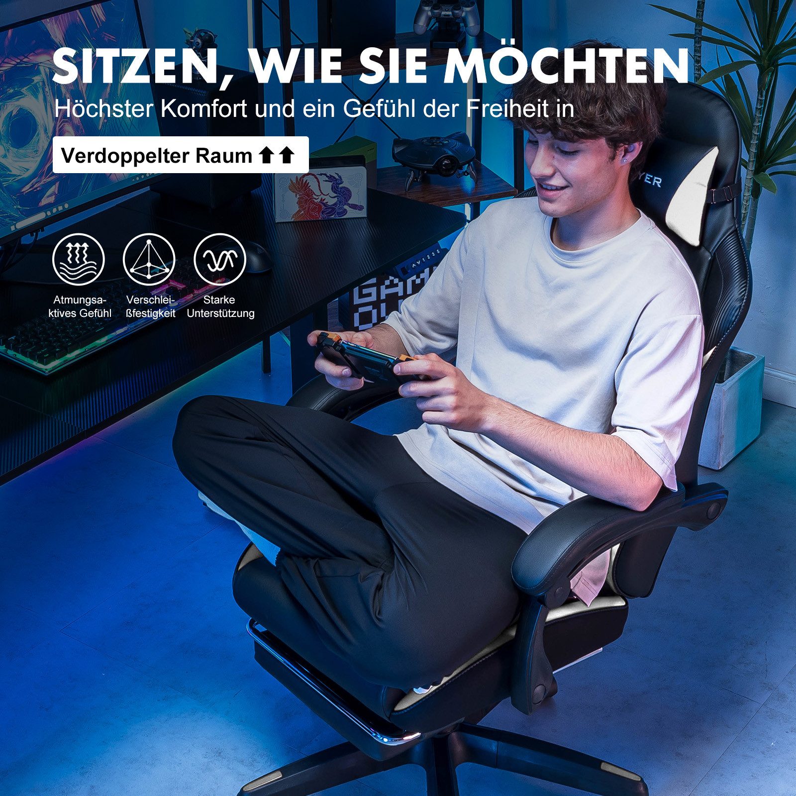 GTPLAYER Gaming-Stuhl Bürostuhl mit Doppelrückenlehne, Zweckmäßig für Winter und Sommer, mit Fußstütze abnehmbarem Bezug und Lendenwirbelstütze