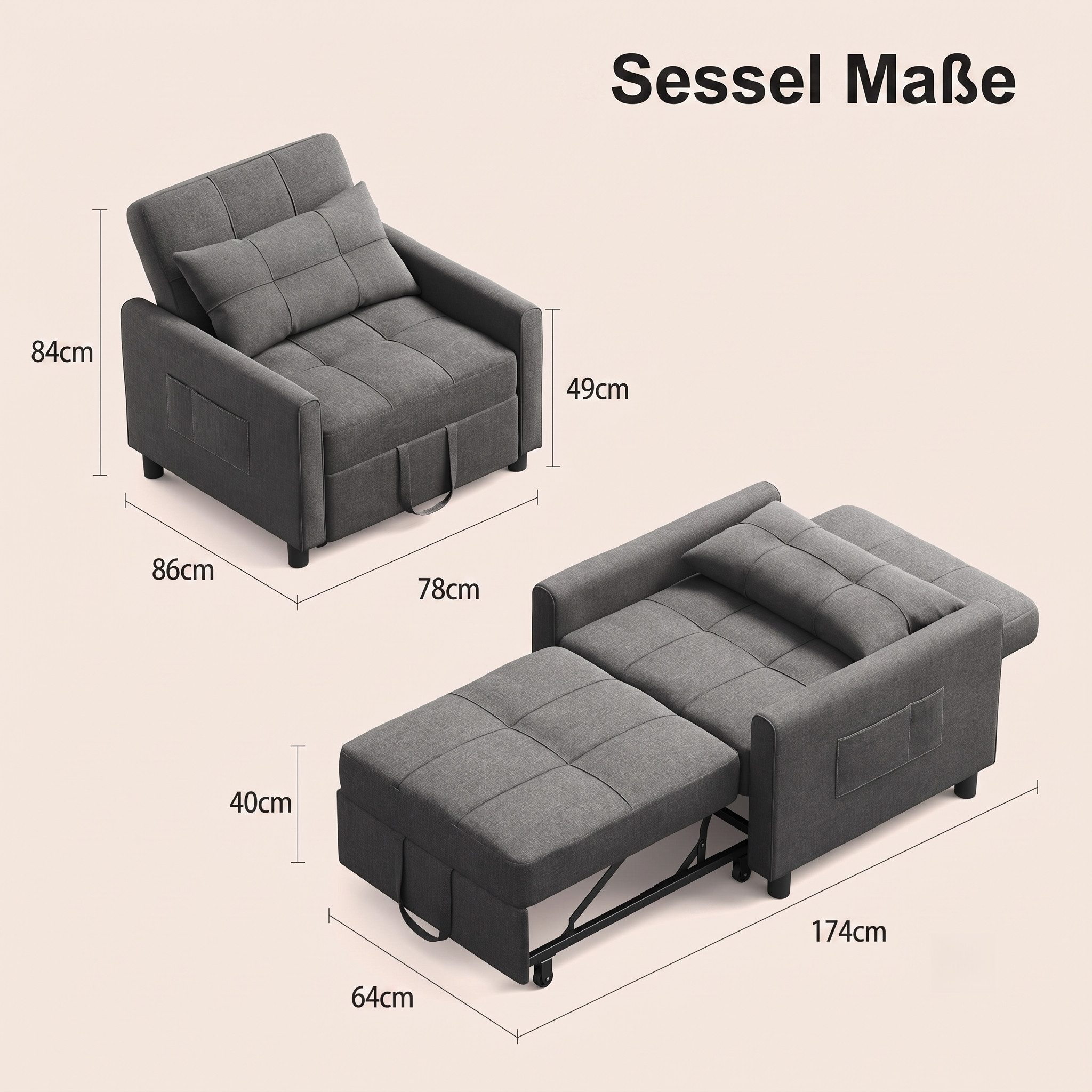 Blishom Relaxsessel 3-in-1 Schlafsessel Schlafsofa Klappbett Relaxsessel 78x86x84 cm, multifunktionaler Sessel zum Ausziehen als Gästebett