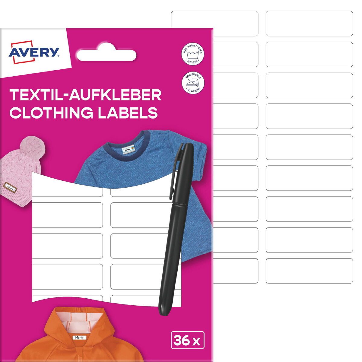 Avery Zweckform Etiketten Textilaufkleber 45x13mm 36 Stück Etiketten + Stift