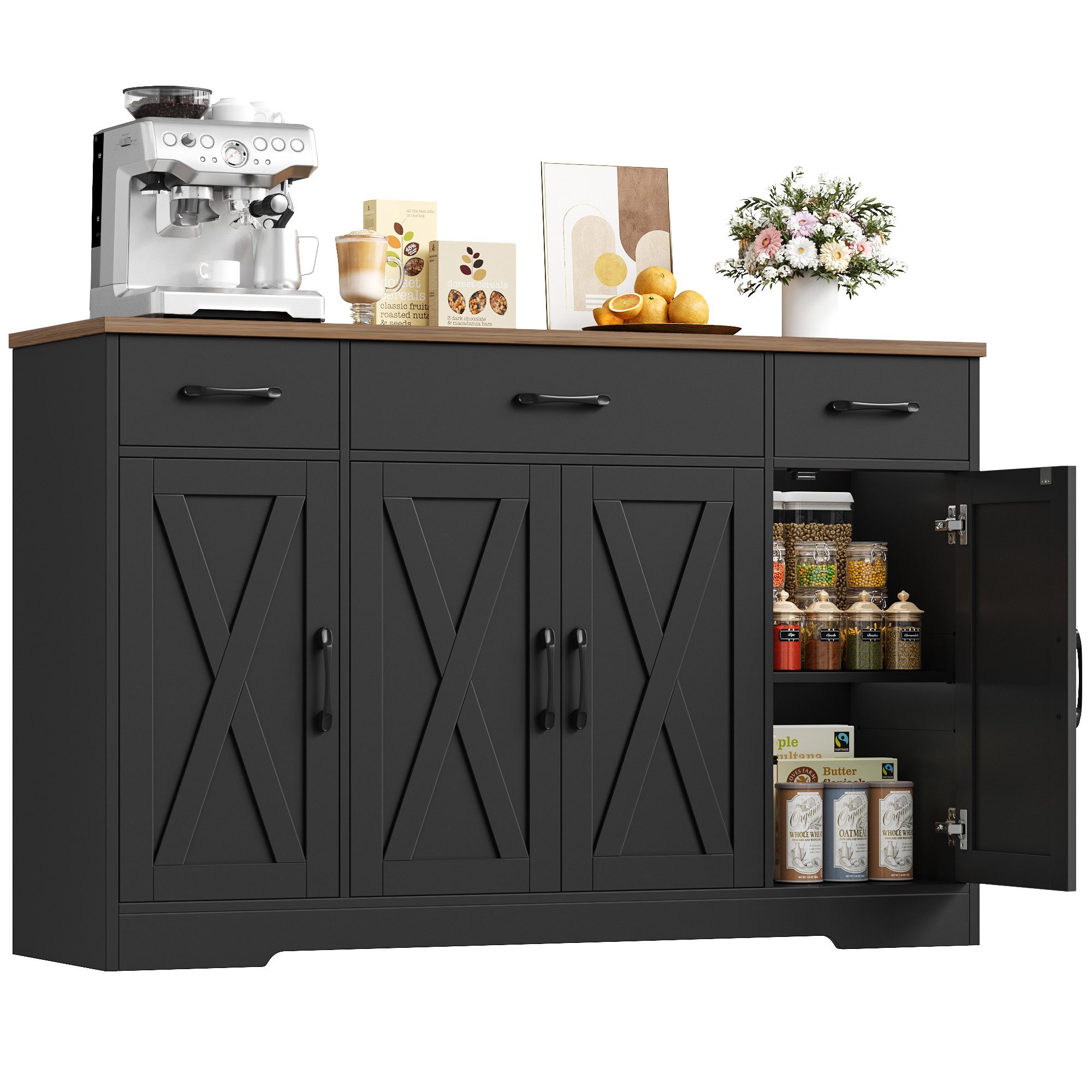 HOMECHO Sideboard, 140cm Breite Küchenschrank 3 Schubladen 4 Türen, Verstellbaren Regalen