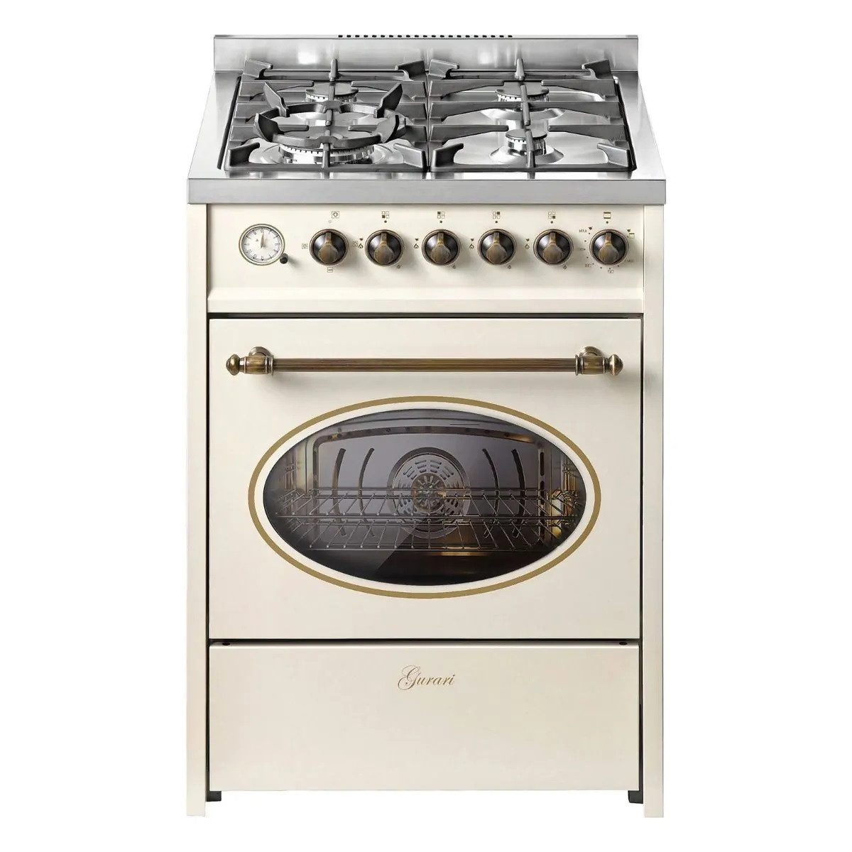GURARI Gas-Standherd Retro Gas Elektro Standherd 60 cm Erdgas Fl.Gas 4 Kw WOK, 8 Funktionen+Dunstabzugshaube, 60 cm, 1000 m³/h E 614 Cr r+GCH S 411 60 WH PRIME N, mit 1-fach-Teleskopauszug