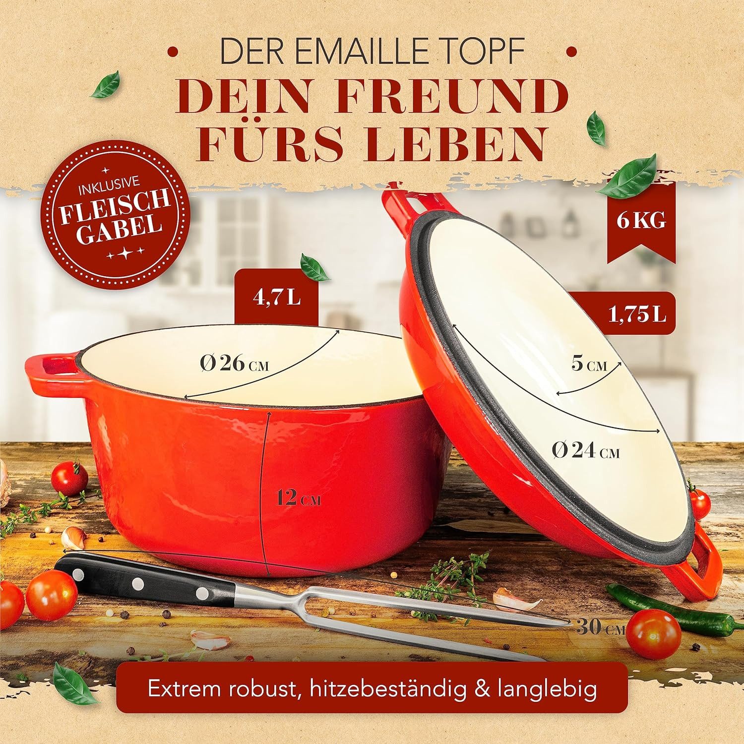 Krustenzauber Schmortopf Gusseisen Topf [inkl. Fleischgabel] -, (Robuster 26cm Gusseisen Bräter mit Deckel Backofengeeignet, Ideal als Schmortopf Induktion, Dutch Oven Set, Kazan, Cast Iron Pot)