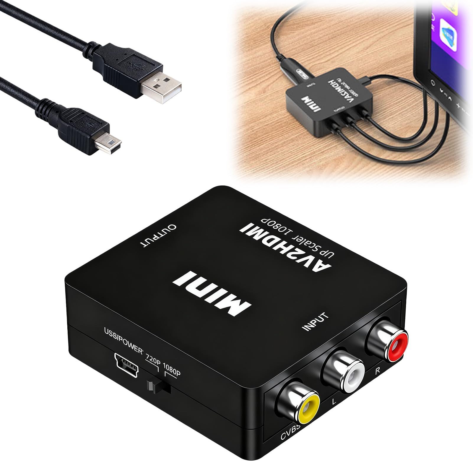Luckice AV auf HDMI-Adapter, 1080P RCA-zu-HDMI-Konverter Plug Adapter RCA (CVBS) Eingang, HDMI Ausgang, Micro-USB Stromanschluss zu 3 RCA-Eingänge, HDMI-Ausgang, Micro-USB-Stromanschluss, Abspielen 720p/1080p@60Hz Composite CVBS Video-Audio-Konverter