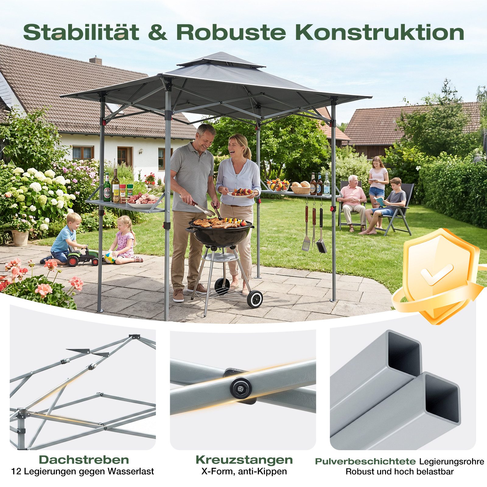 Sekey Grillpavillon 245 x 150 cm BBQ Pavillion Grillzelt Gartenzelt Winterfest Wasserdicht, 250 x 150 cm, Doppelschichtdach, Ablage mit Haken, UV-Schutz 50+ – Bild 4 von 5