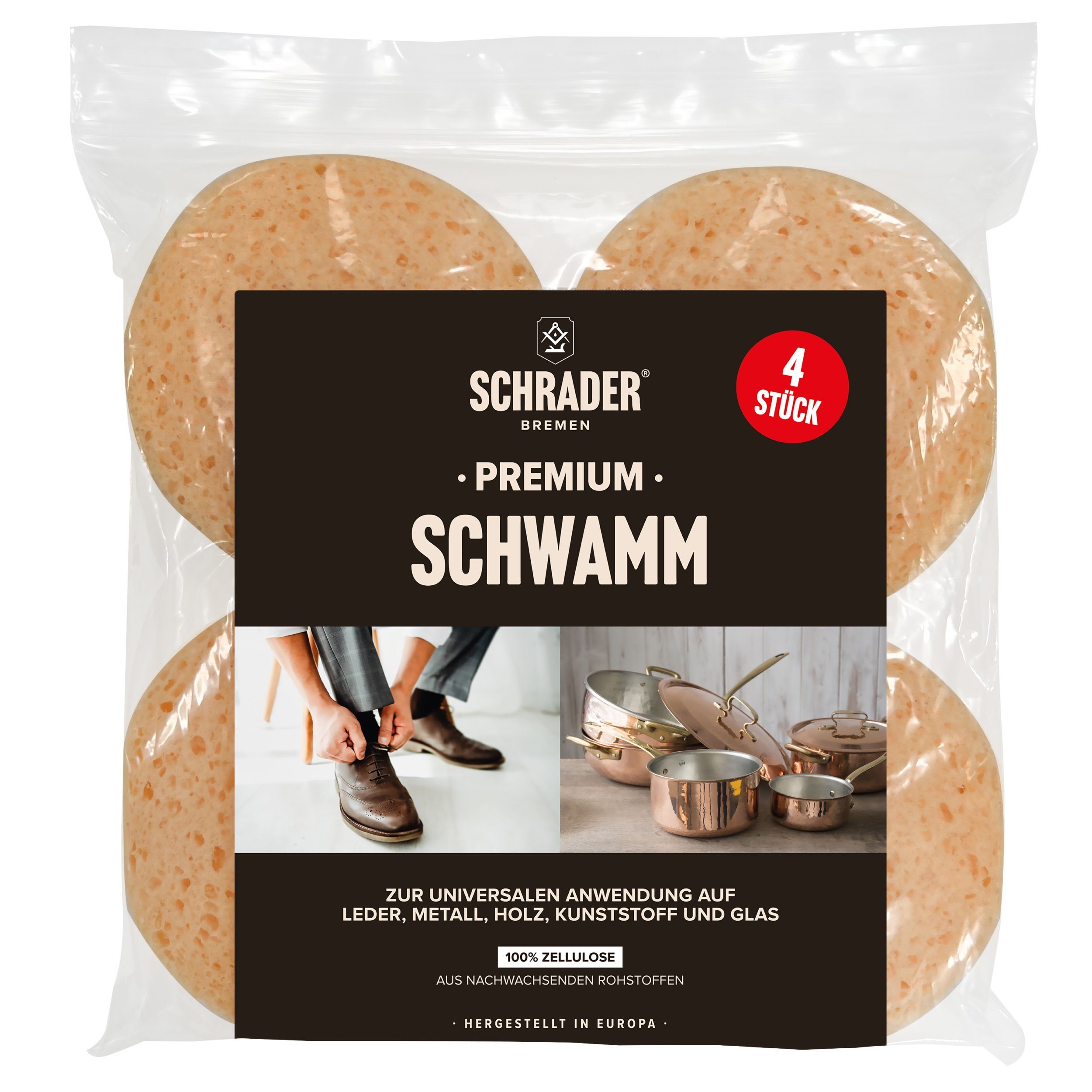 Schrader Schwamm Premium Schwamm - 4 Stk. - Zum Auftragen und Auspolieren, für Reinigungs- und Pflegemitteln - Made in Germany