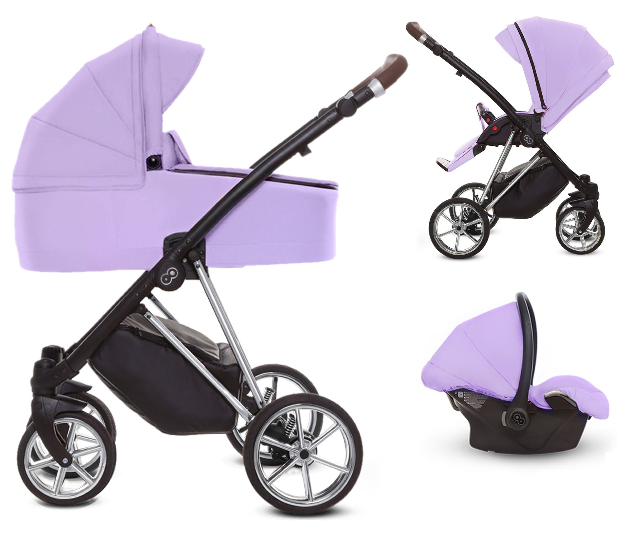 TPFFamily Kombi-Kinderwagen 3 in 1 Musse Ultra, Baby Buggy Babywanne Autositz, großes Zubehör-Set Kinderwagen 3 in 1 Stoff Lila, Gestell Silber