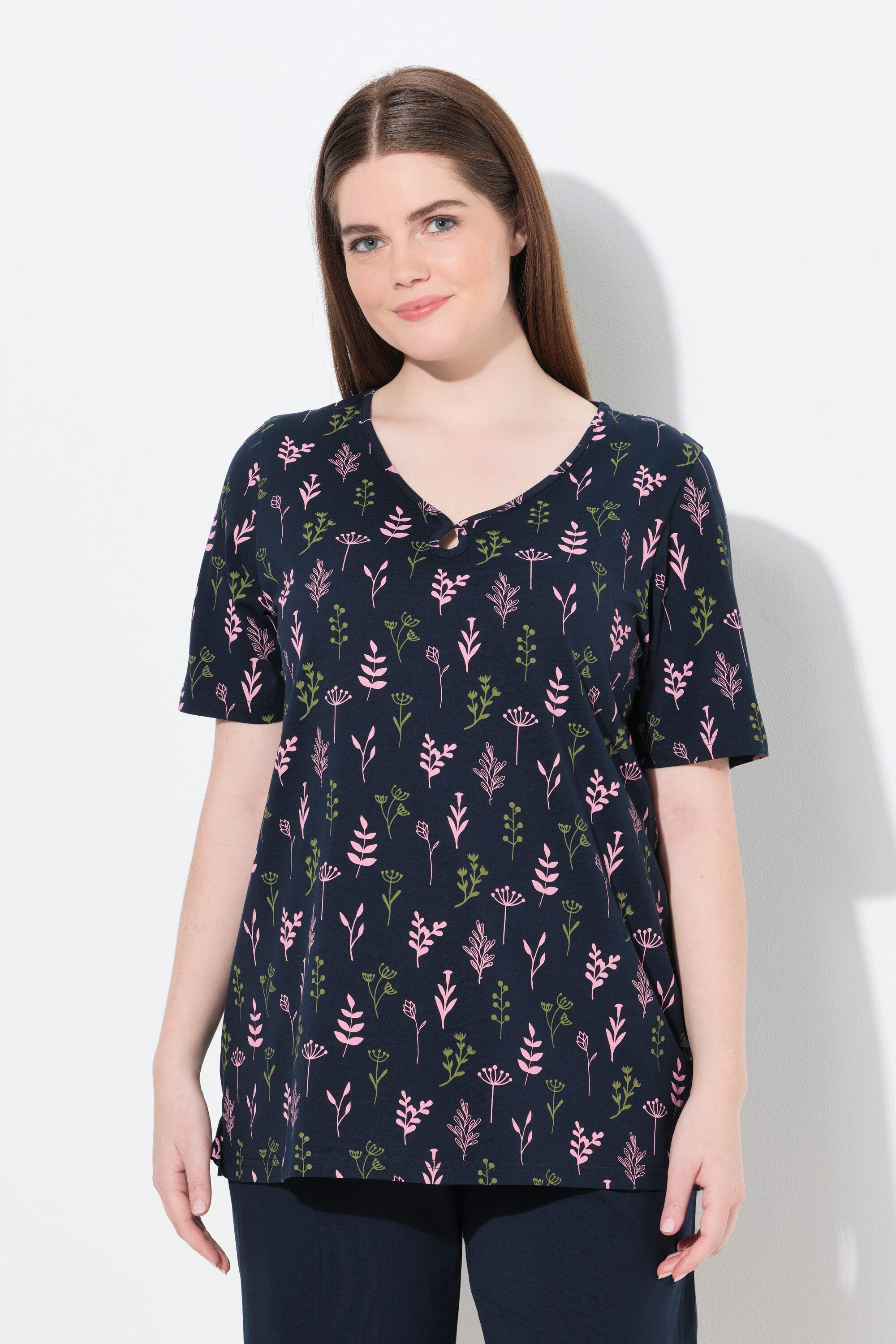 Ulla Popken Pyjamaoberteil Schlafanzug-Shirt V-Ausschnitt Halbarm günstig online kaufen