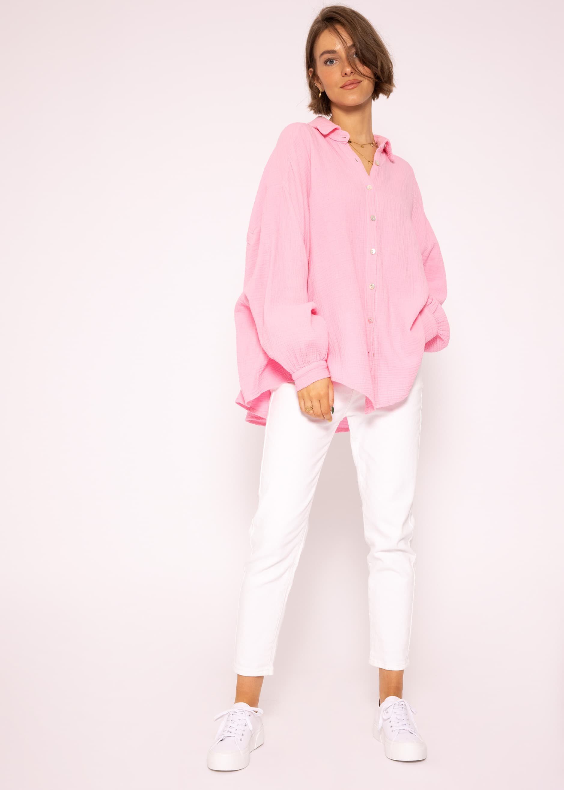 Hemdbluse Longbluse Bluse mit Babyrosa Baumwolle lang Damen 36-48) V-Ausschnitt, Langarm (Gr. SASSYCLASSY Musselin aus Size Oversize One