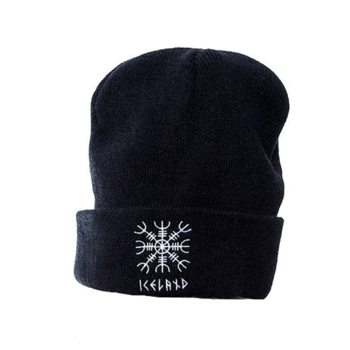 Result Headwear Beanie - Gestrickte Wintermütze - Iceland - Aegishjalmur Symbol - schwarz mit breitem Umschlag