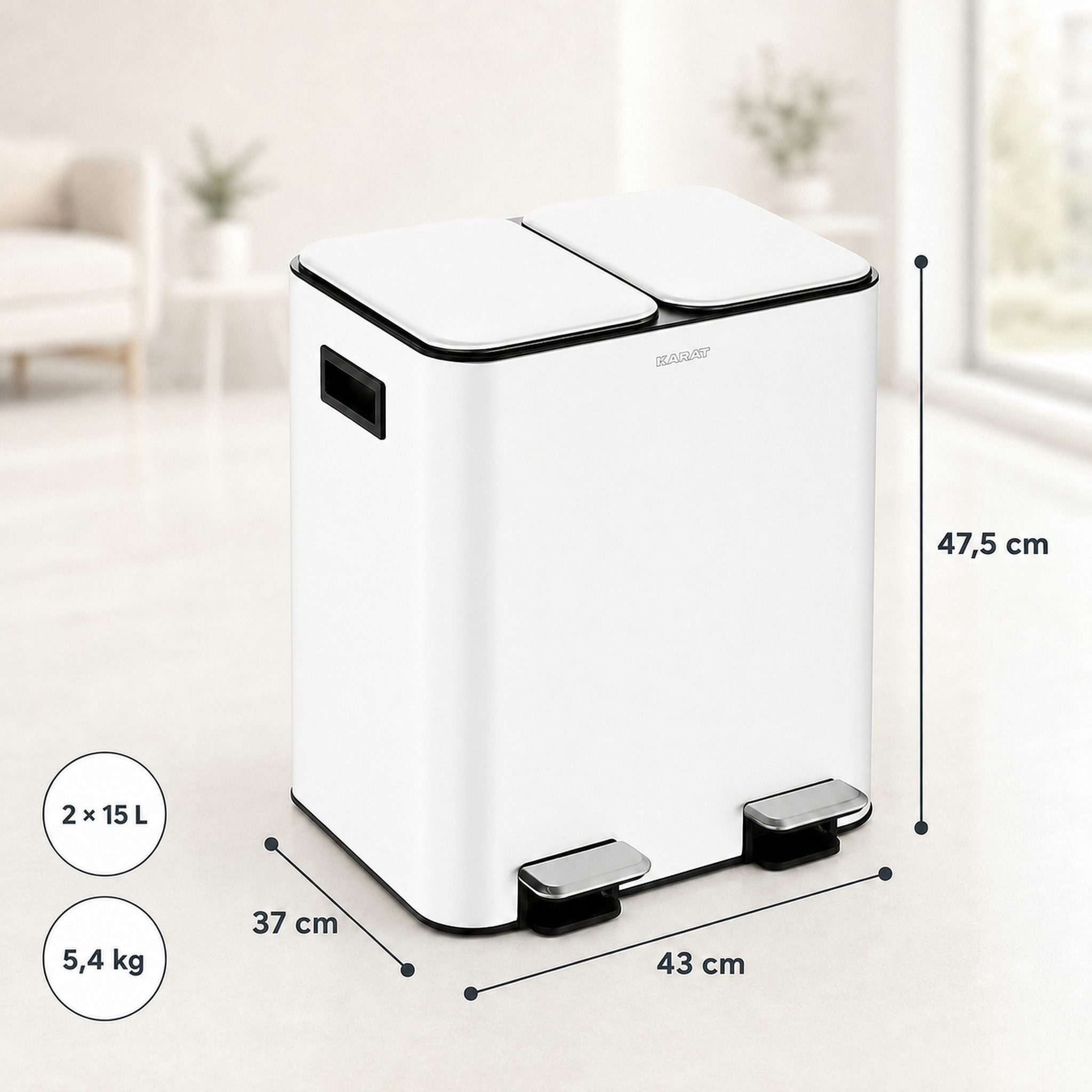 Floordirekt Mülleimer Logan 2 x 15 L Treteimer Soft Close Mülltrennung, Zwei entnehmbare Innenbehälter – Bild 2 von 5