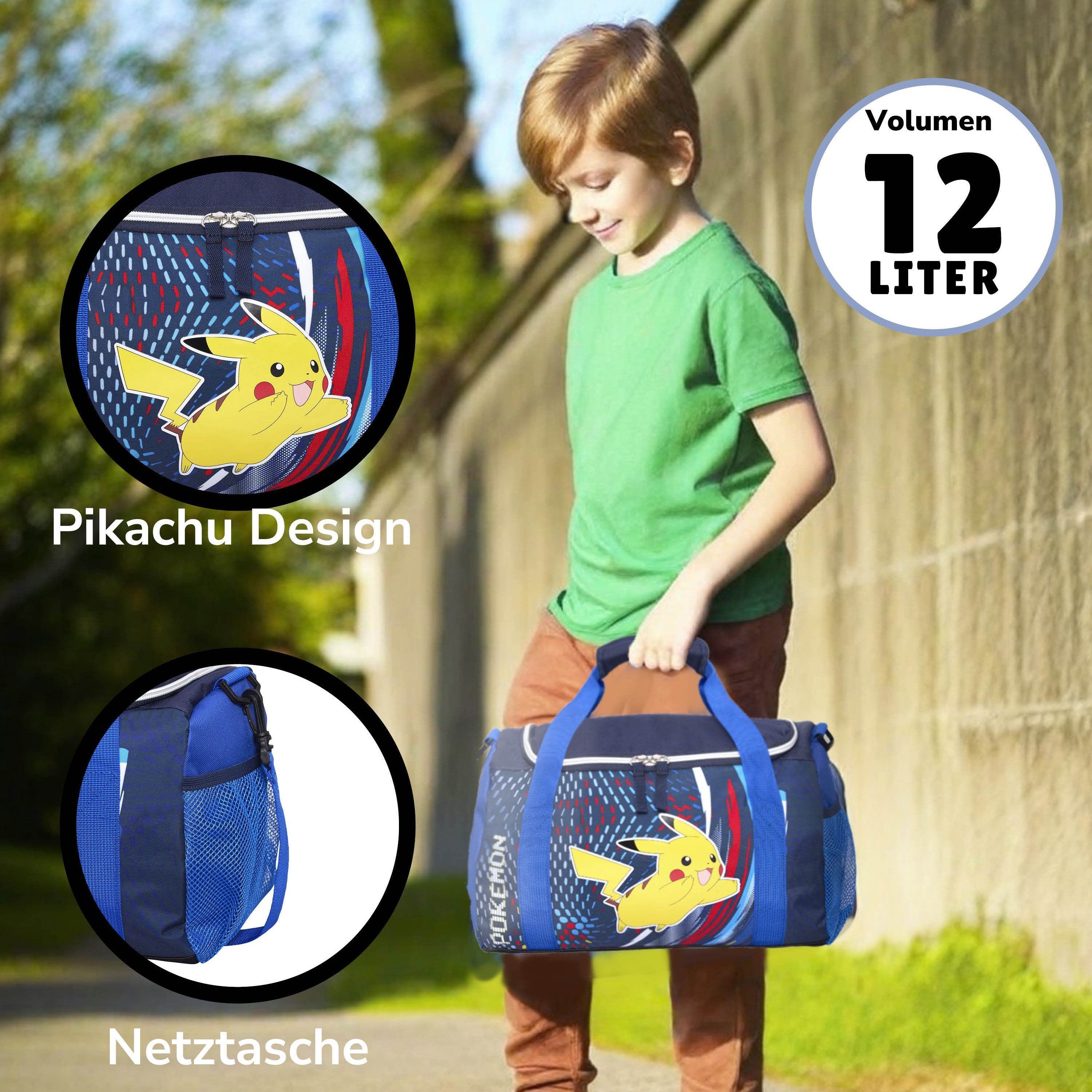 Familando Sporttasche Pokemon Blau mit Pikachu, Reißverschluss, 12 Liter, Schultergurt, Tasche; Umhängetasche, Schwimmtasche