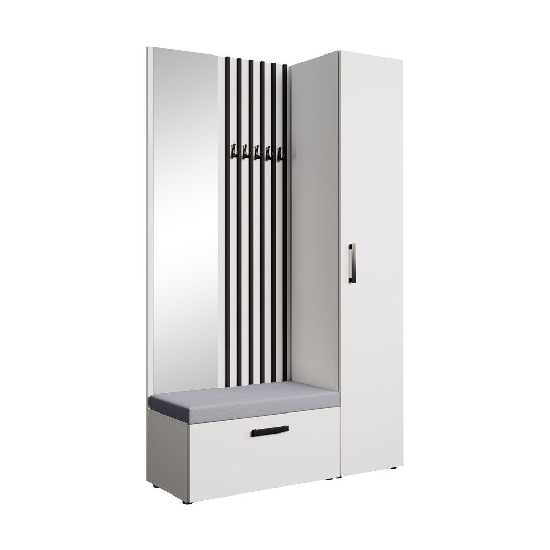 Beautysofa Garderoben-Set MARGARET Flurgarderobe mit Spiegel, (Kleiderschrank, Schuhschrank, Sitzbank, Kleiderstange, Flurmöbel-Set mit Lamellen), verschiedene Farben und Breiten