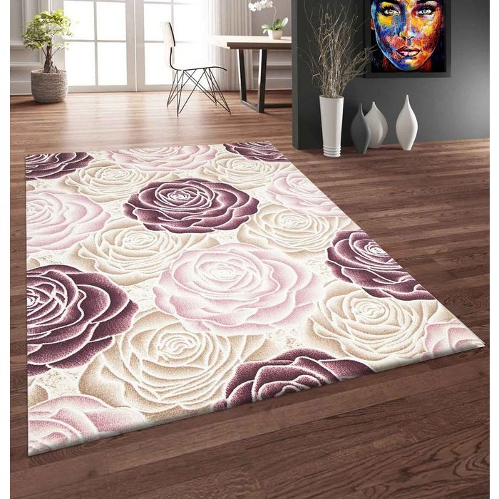 Teppich Teppich Blume Rosen Muster in Rosa Pink Creme mit Glitzer Vimoda Rechteckig