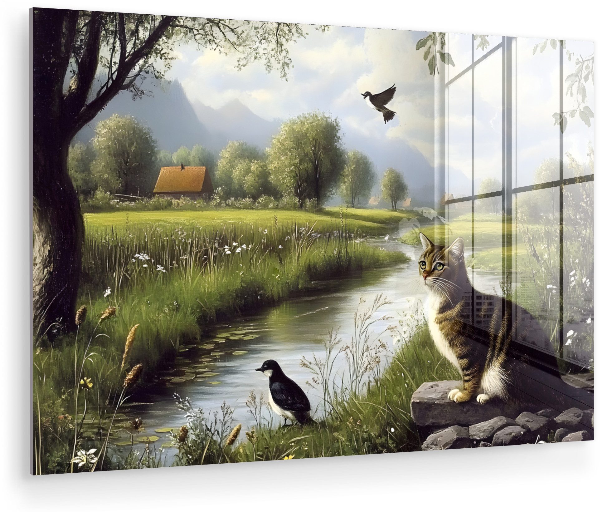 MuchoWow Acrylglasbild Katze - Bach - Wiese, Inkl. Aufhängung, Glasbilder Wohnzimmer, Schlafzimmer, Flur & Esszimmer, 30x20 cm