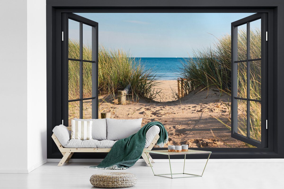 MuchoWow Fototapete Durchblick Meer Strand Vinyl - bedruckt, - Wohnzimmer, Dünen, Sand Wasser - - Schlafzimmer, - für Strandhafer Wallpaper St), - (6 Kinderzimmer, Tapete Matt