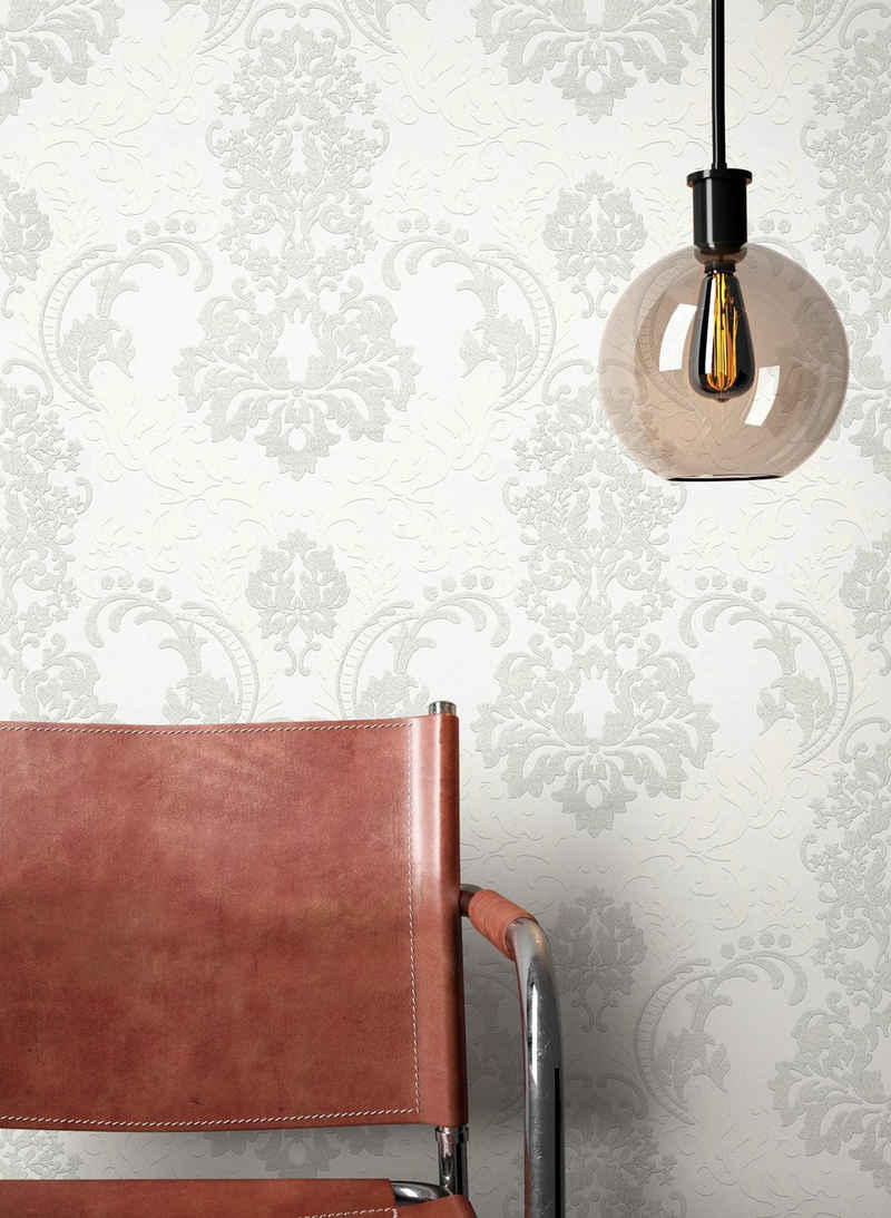 Newroom Vliestapete, Weiß Barocktapete Barock Ornament - Mustertapete Klassik Creme Grau Glamour für Büro Diele/Flur Schlafen