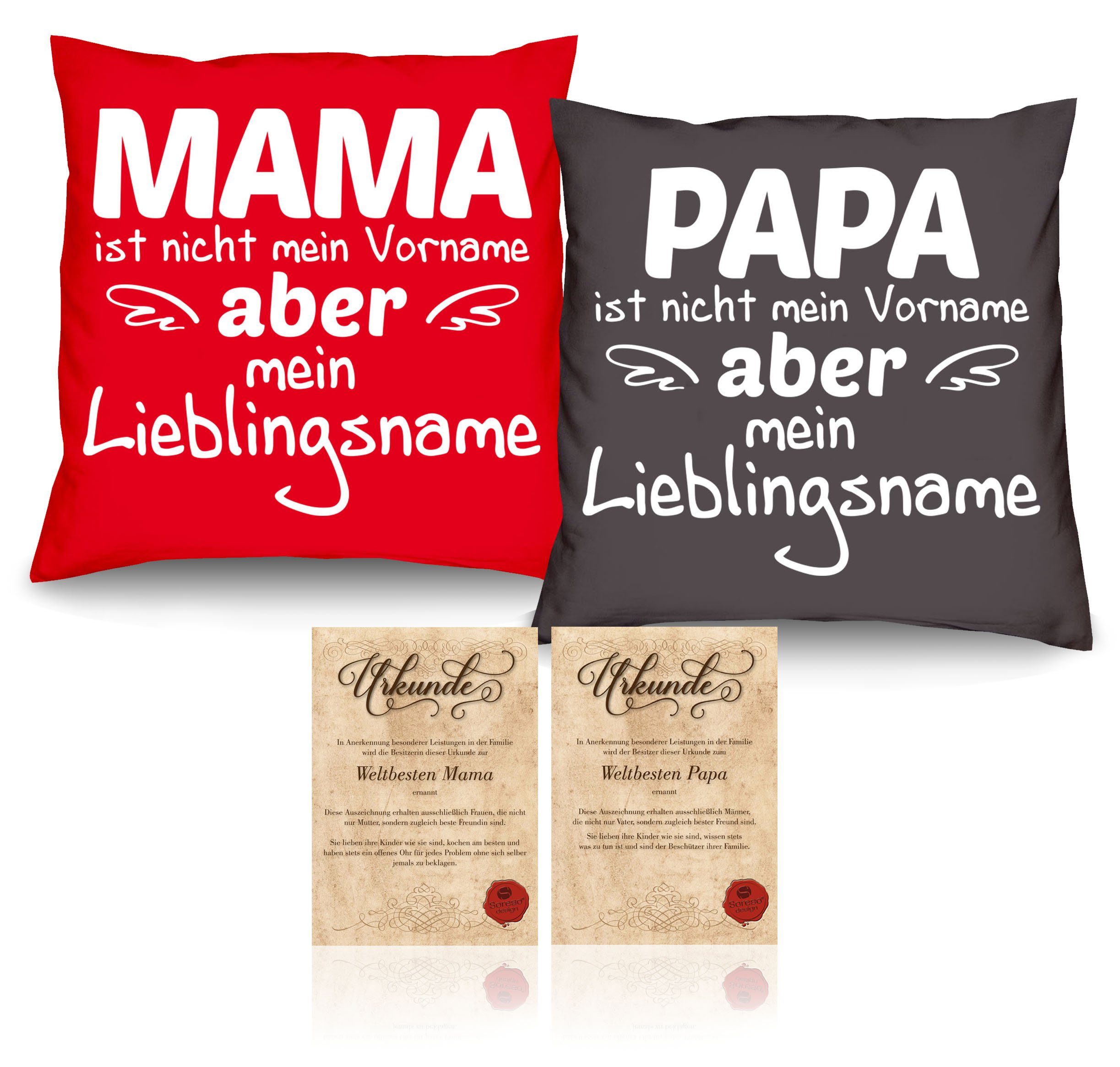 Soreso® Dekokissen Kissen-Set Mama Lieblingsname Papa Lieblingsname mit Urkunden, Geschenkset Geburtstag anthrazit