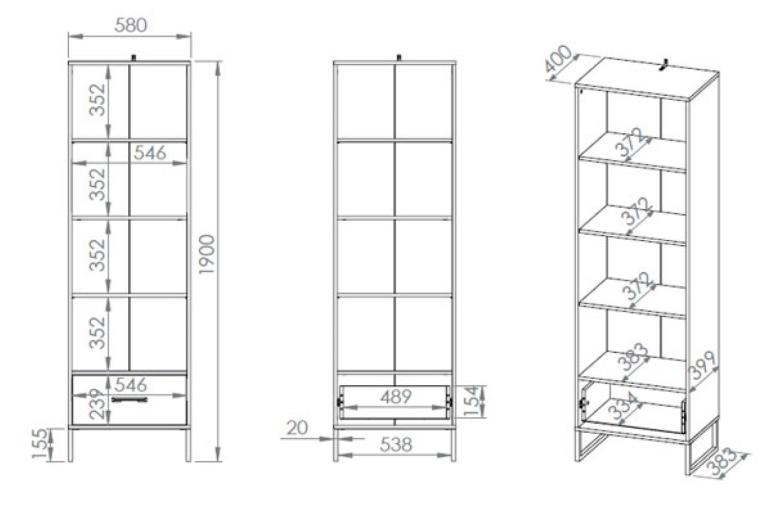 Premium Eiche / schwarz Steel Gold / Colt, 58x40x190cm Bücherregal Craft Feldmann-Wohnen