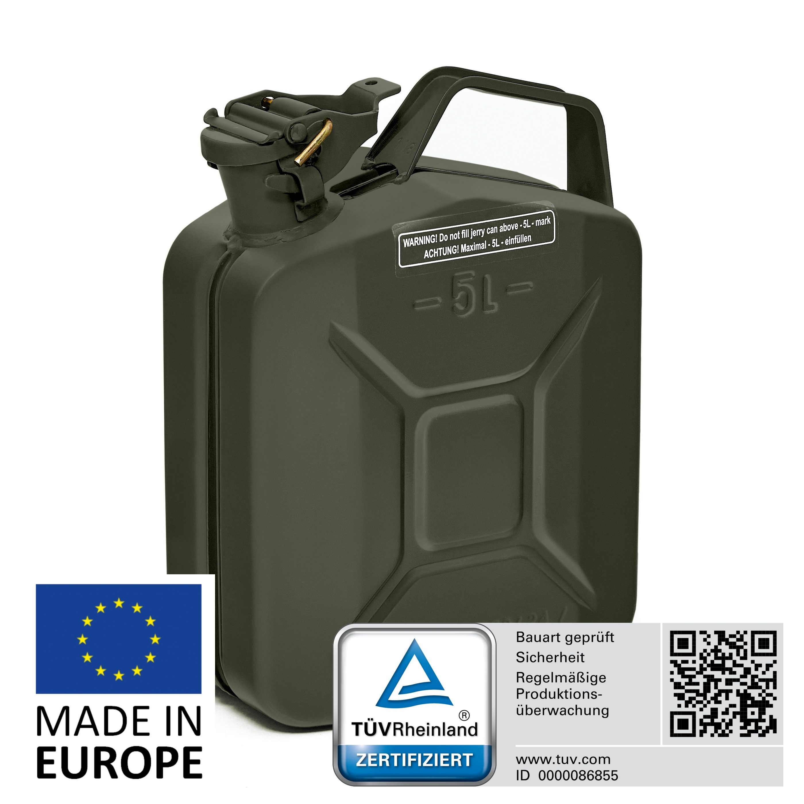 BW Benzinkanister Metall Kraftstoffkanister 5 Liter - Bronzegrün - RAL 6031-F9 (5L,10L und 20L, mit Ausgießer), TÜV-geprüft und UN-Zulassung - Made in Europe