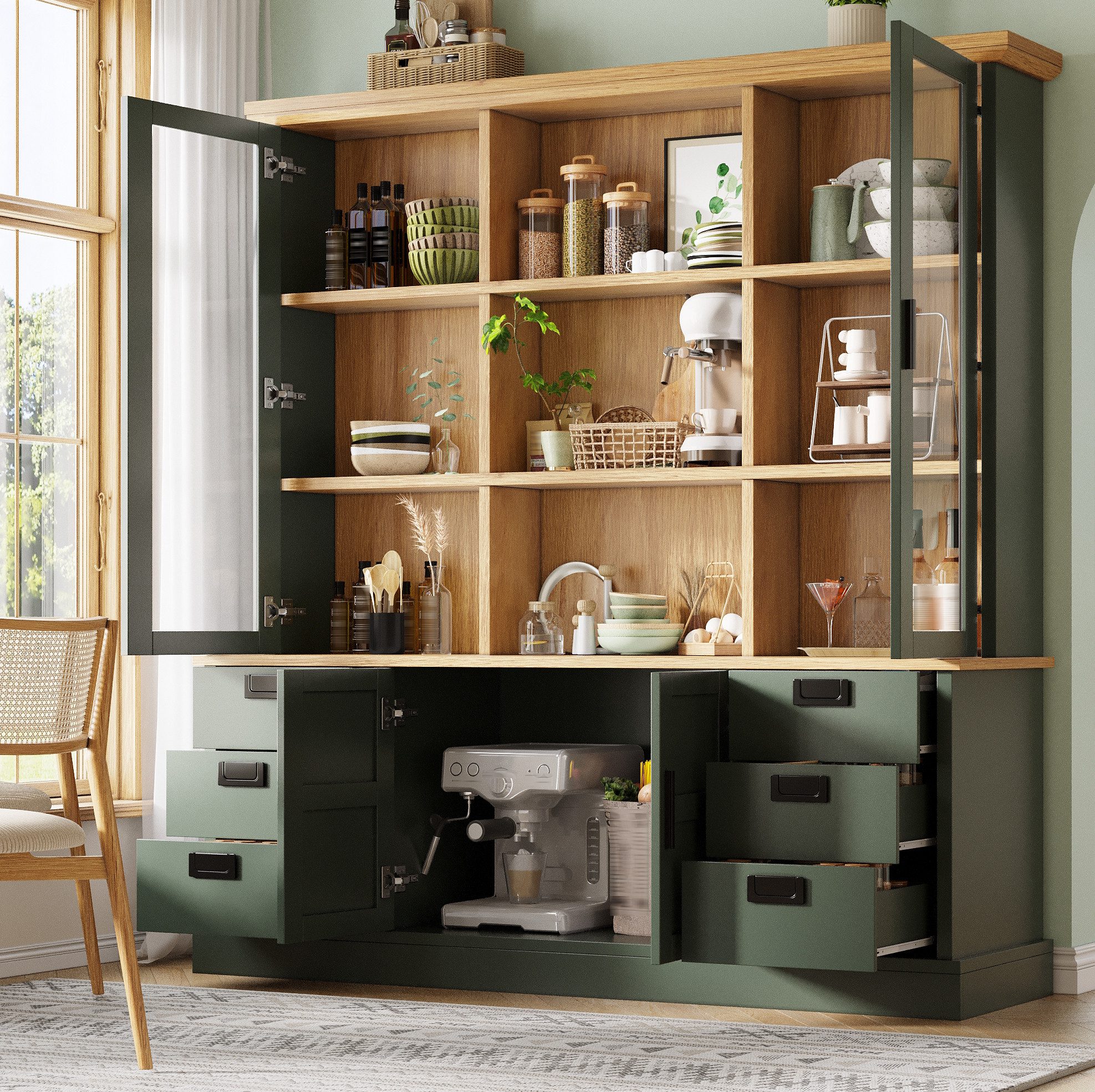 REDOM Hochschrank Kommode mit Schubladen und stabiler Anti-Kipp-Sicherung (Packung, 1-St., Einlegeböden verstellbar mit Doppeltüren für flexible Nutzung) Mehrzweckschrank 185cm Dunkelgrün mit Glasvitrine und Fächern
