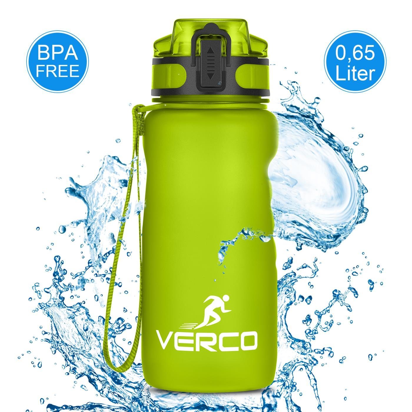 VERCO Trinkflasche 650 ml Sport Tritan 0,65 Liter Flasche, Wasserflasche BPA Frei mit Fruchtsieb wiederverwendbar nachhaltig Grün