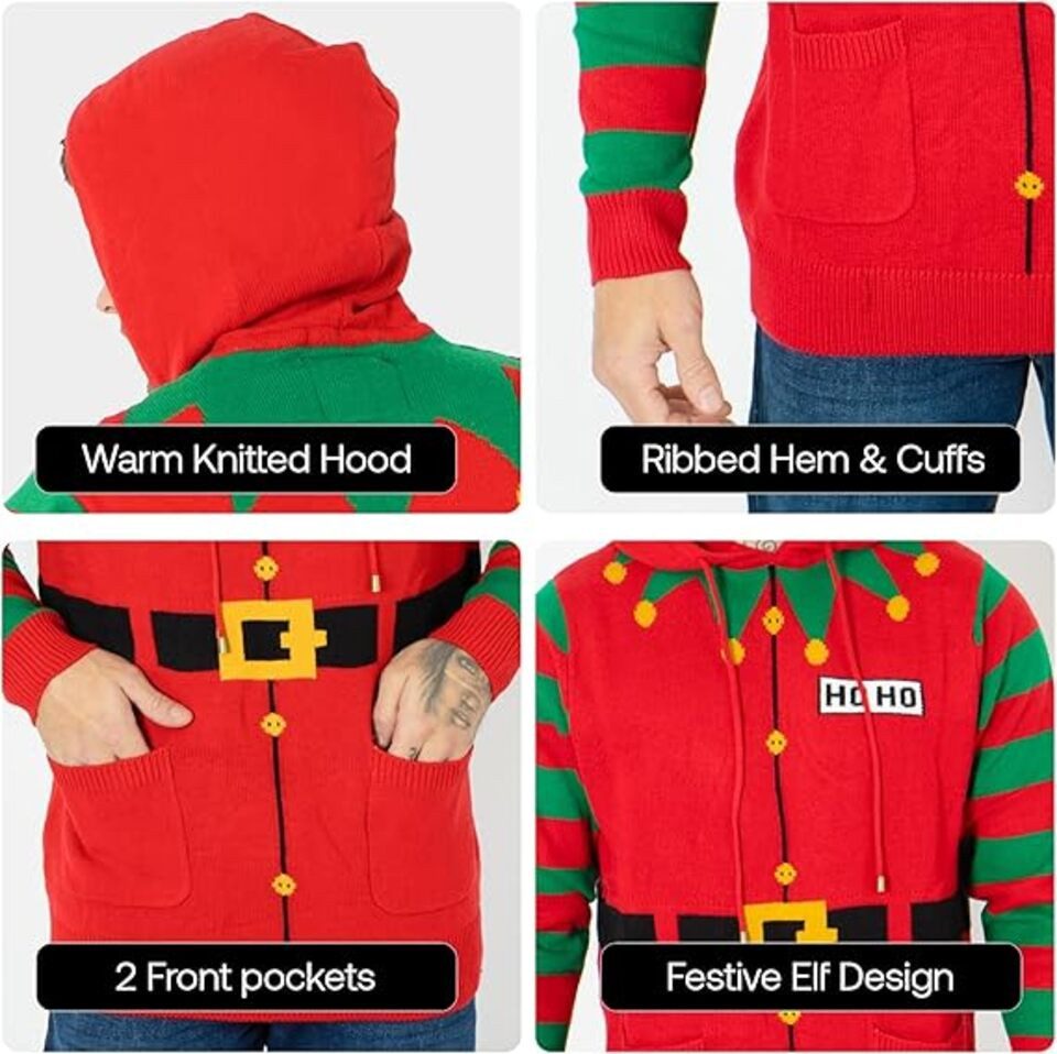 Montegoni Kapuzenpullover Herren Jungen Weihnachtspullover Kapuzenpullover Unisex Elf Hoho Zuckerstange 3D Strickpullover