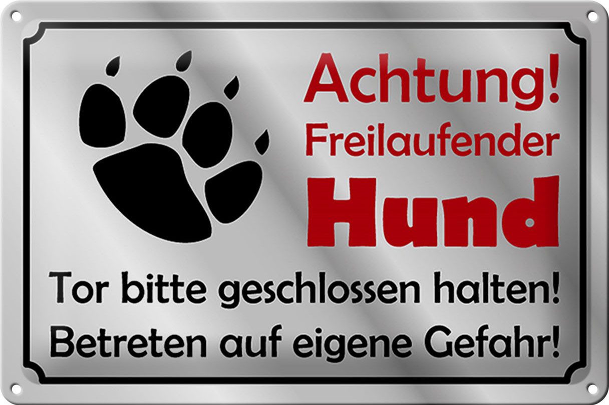 Femer GmbH Metallschild Achtung 30x20cm freilaufender Hund graues Schild, (1 St), gewölbte Oberfläche, abgerundete Ecken, umgeschlagene Kanten
