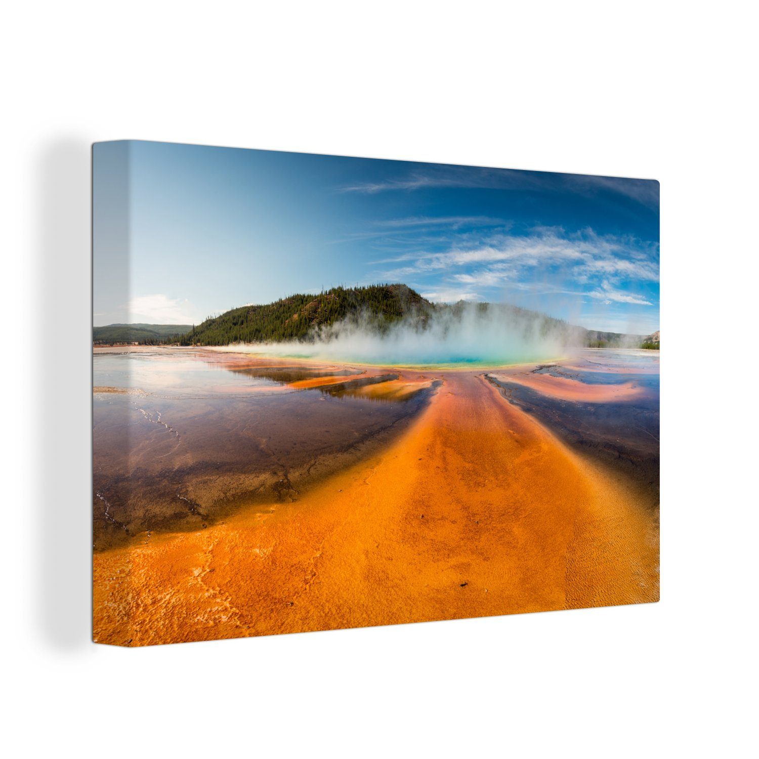 OneMillionCanvasses® Leinwandbild Ein dampfender Geysir im Yellowstone-Nationalpark, (1 St), Wandbild Leinwandbilder, Aufhängefertig, Wanddeko, 30x20 cm | Leinwandbilder
