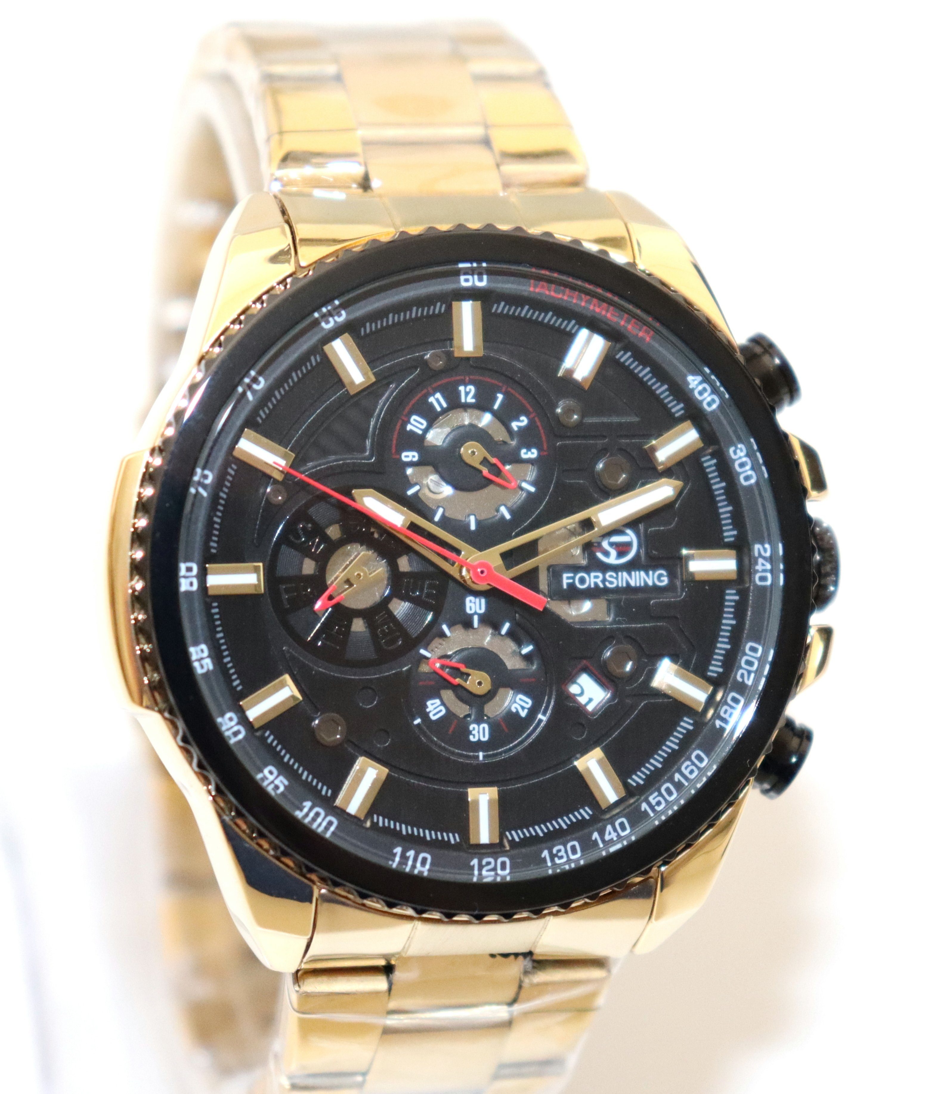 Rötting Design Automatikuhr Herrenuhr Automatikuhr Marke Forsining schwarzes Ziffernblatt goldfarbenes Armband + Gehäuse + Datum + Wochentag und Monatanzeige, (1-tlg)