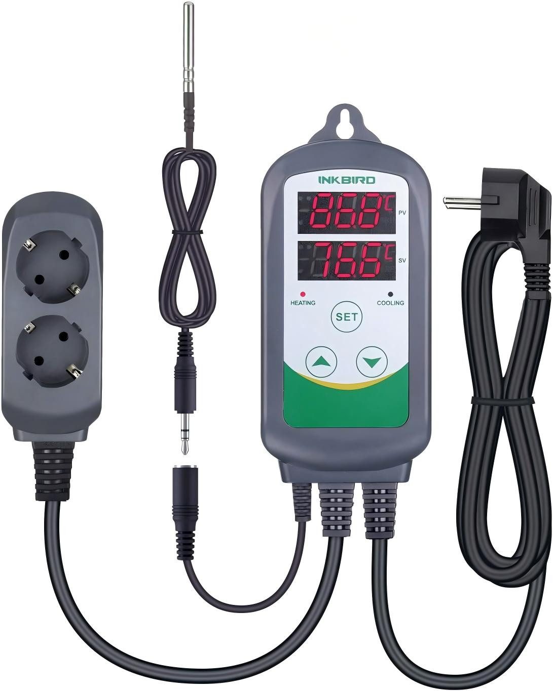 INKBIRD Raumthermostat ITC-308S Digitale Temperaturregler, Abnehmbar Metallsonde CF, max. 240 V AC V, Betriebsart: Heizen / Kühlen, (1-St), Doppeltes Displayfenster