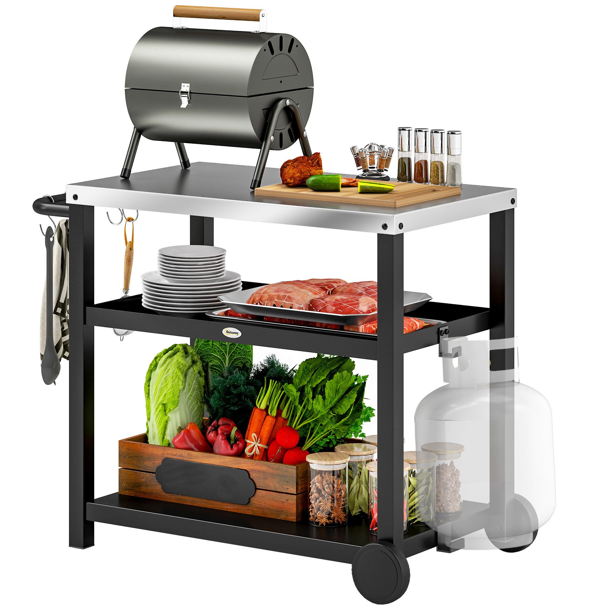 Outsunny Servierwagen 3-Etagen, mit Arbeitsfläche Ablagen Haken Räder, (BBQ Grilltisch, 1 St., Grillwagen aus Edelstahl), für Garten, Grill, 102 x 50 x 81cm, Kohlegrau