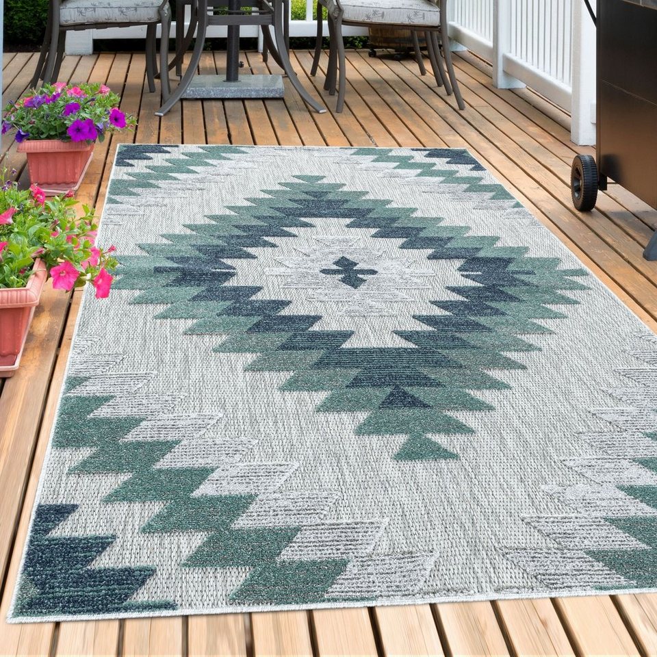 Outdoorteppich Geometrisch Design, Carpetsale24, Läufer, Höhe: 10 mm, Outdoor  Teppich Blau 3D Geometrisch Design für Küchen Balkon Terrasse