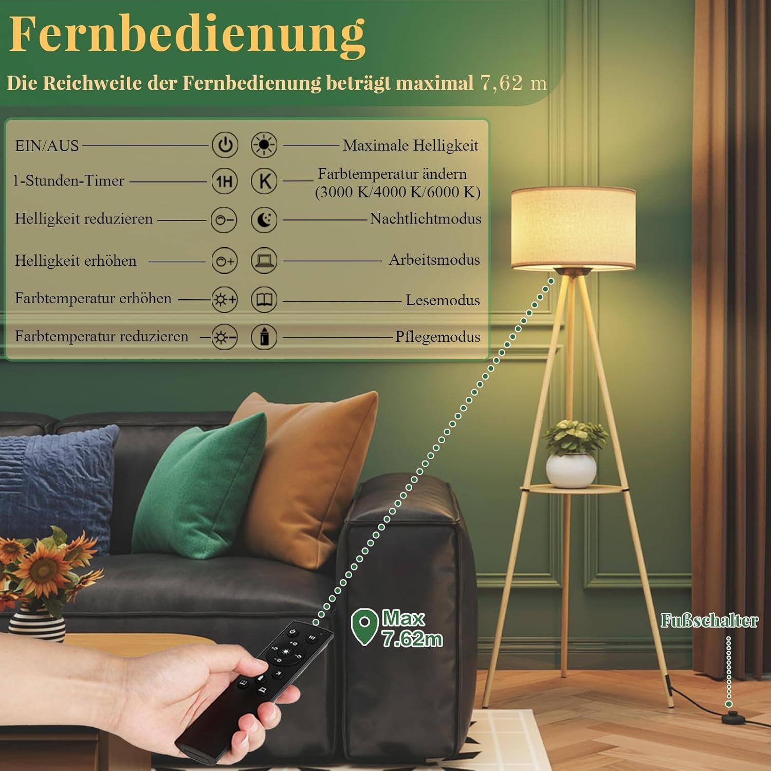 TLGREEN LED Stehlampe Standleuchte mit Fernbedienung & Timer, stufenlos dimmbar, 3 Farbtemperaturen, E27, für Wohnzimmer Schlafzimmer, modernes Design – Bild 4 von 5