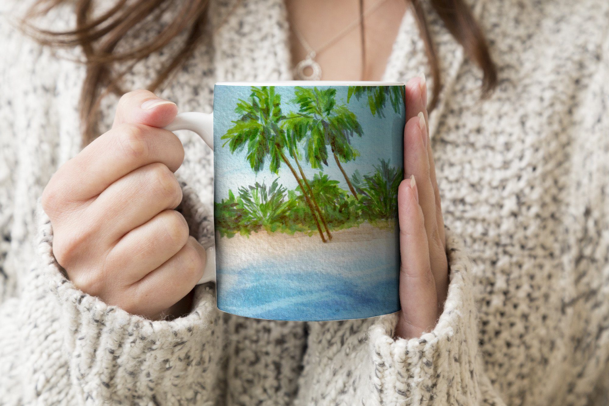 Hütte Tasse Becher, MuchoWow Geschenk Keramik, Kaffeetassen, - Palme, Meer - Teetasse, Teetasse,