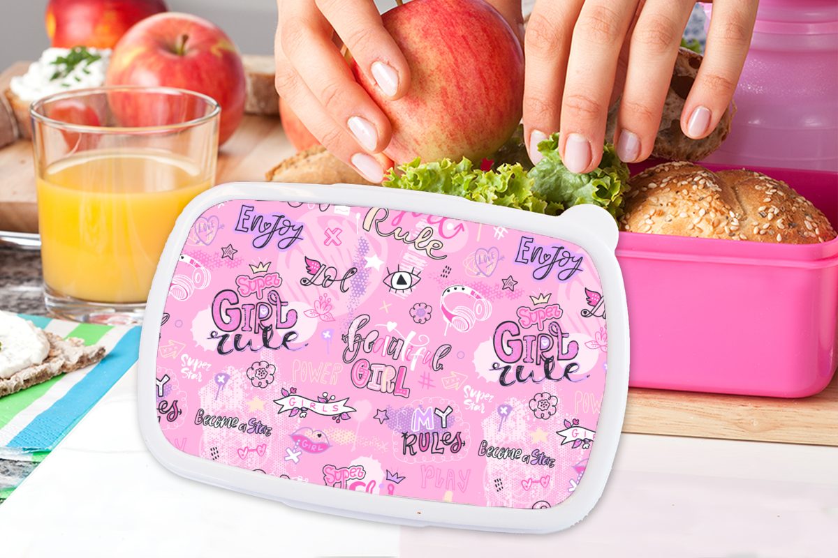 Erwachsene, - Teenager Brotdose Muster, Lunchbox Kinder, Kunststoff Kunststoff, Brotbox - für Mädchen Mädchen, Rosa - Snackbox, Zitate - (2-tlg), MuchoWow