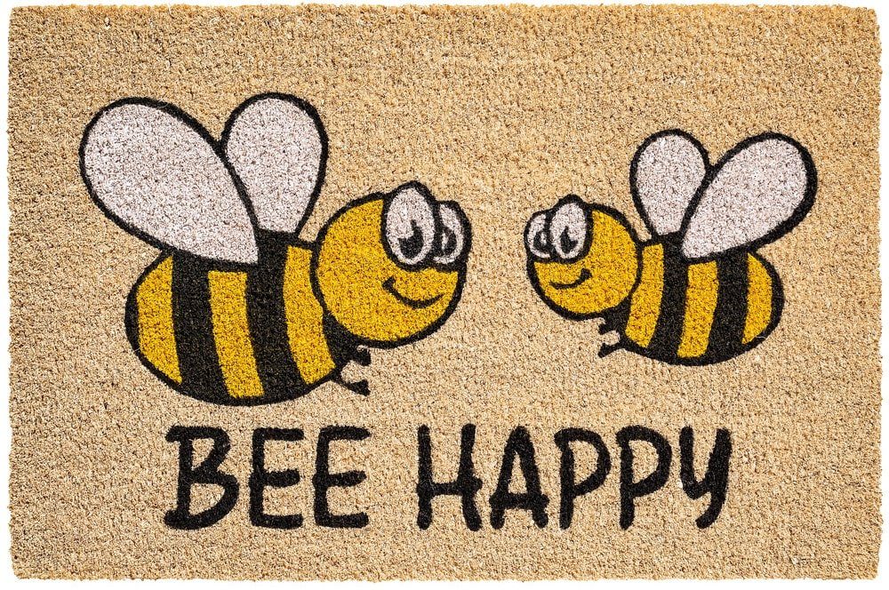 matches21 HOME & HOBBY Fußmatte Kokosmatte Bienen Bee Happy Spruch als aussen Sauberlaufmatte, rechteckig, Höhe: 15 mm, Rutschfeste Kokos-Türmatte als Outdoor Schmutzfangmatte 40x60 cm