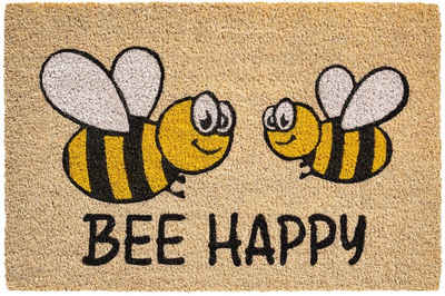 Fußmatte Kokosmatte Bienen Bee Happy Spruch als aussen Sauberlaufmatte, matches21 HOME & HOBBY, rechteckig, Höhe: 15 mm, Rutschfeste Kokos-Türmatte als Outdoor Schmutzfangmatte 40x60 cm