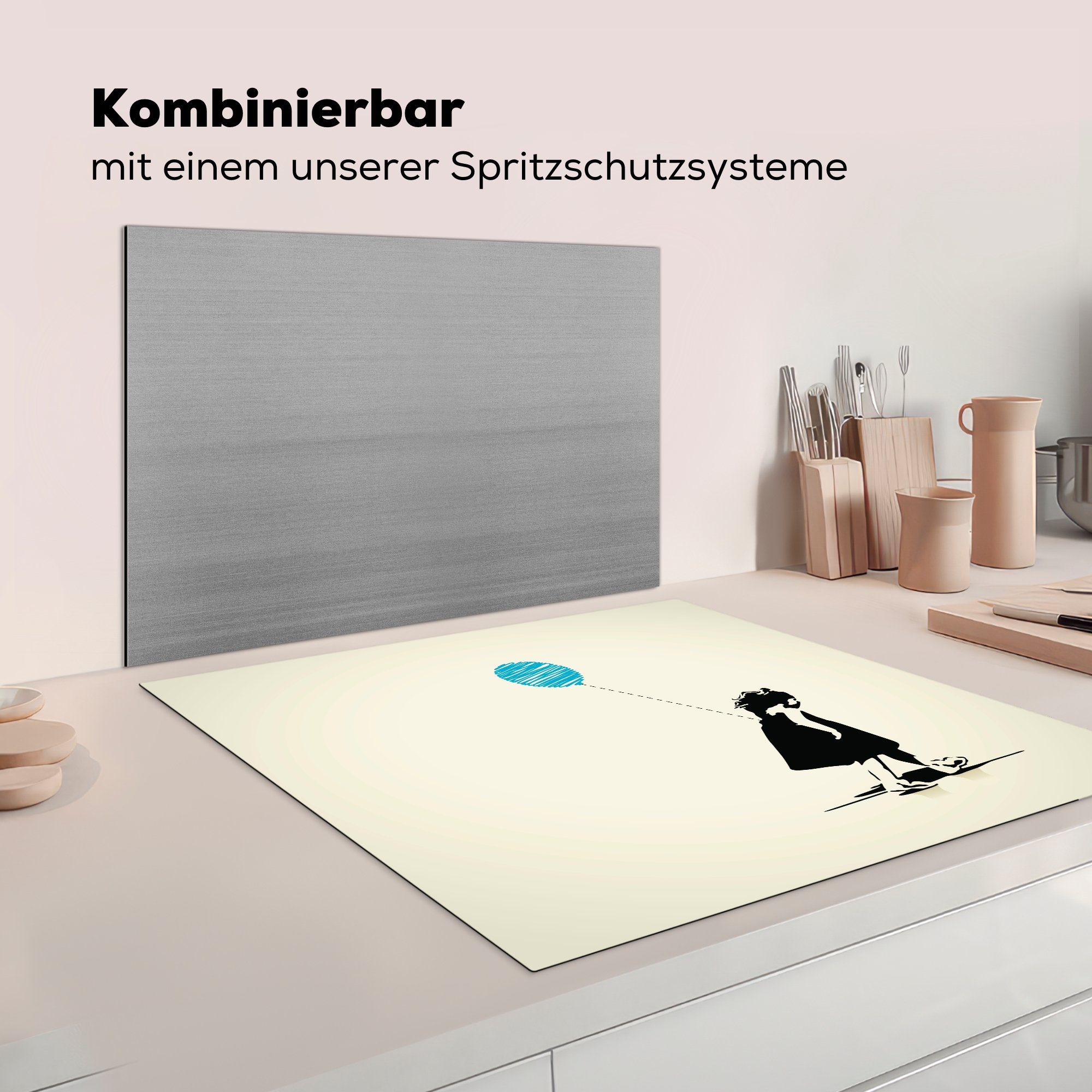 MuchoWow Herdblende-/Abdeckplatte Arbeitsplatte 78x78 Mädchens Kindheit einem tlg), eines blauen Ceranfeldabdeckung, cm, Illustration Luftballon, für mit Vinyl, küche (1