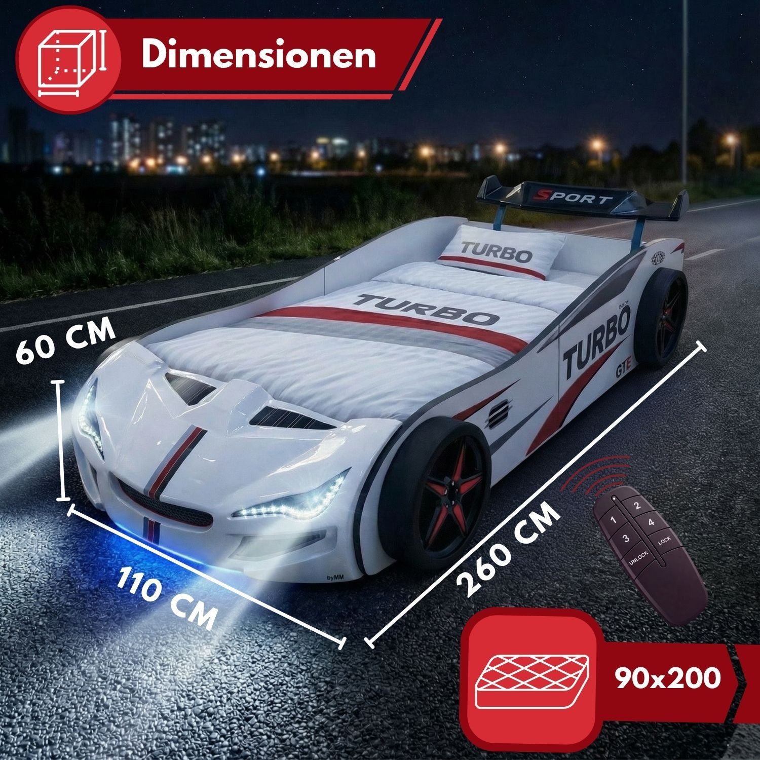 Coemo Autobett GTE (1-tlg., Komplett-Set Bett und Lattenrost), Rot Autobett Rennwagen GTE mit Lattenrost, Beleuchtung, Motorgeräusche