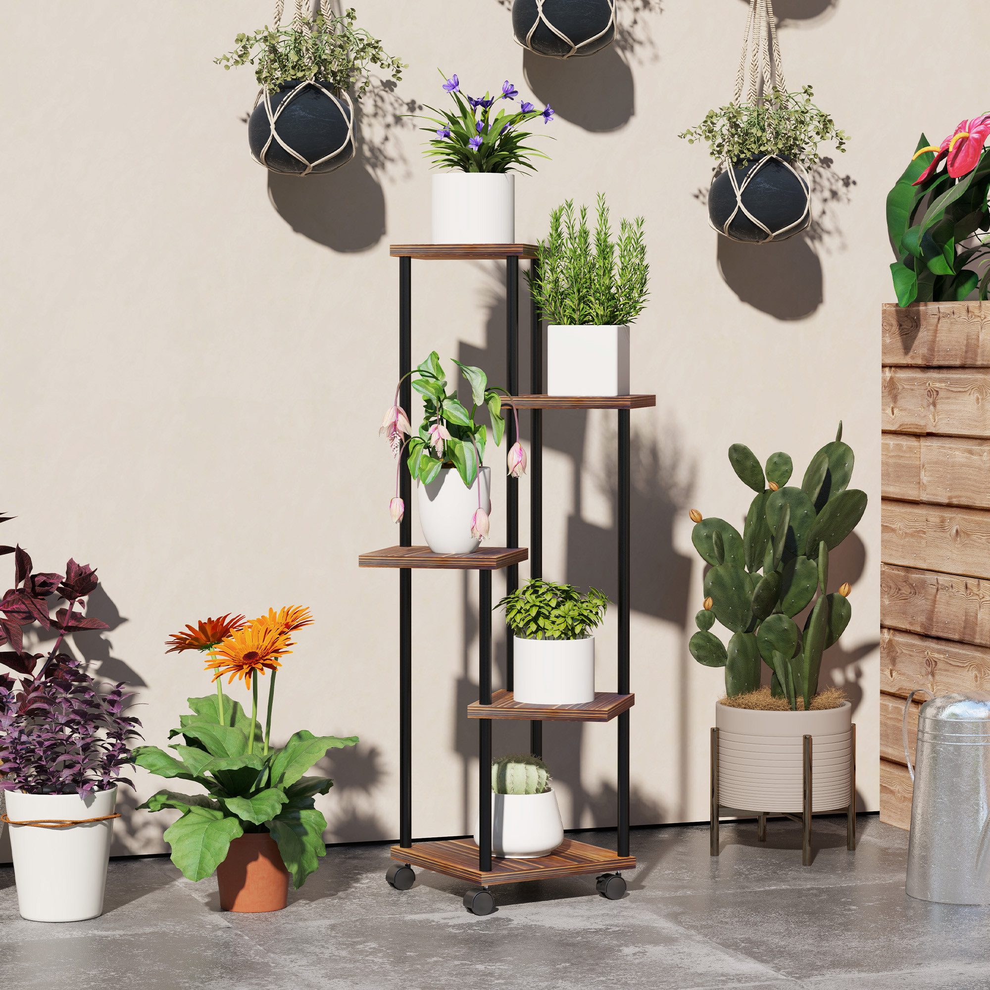 Outsunny Pflanzentreppe Pflanzenregal aus Stahl, Holz, Blumenregal, 110cm hoch (5-Etagen Pflanzenständer, 1 St., Blumenständer), für Wohnzimmer, Garten Balkon Deko, Verkohlt