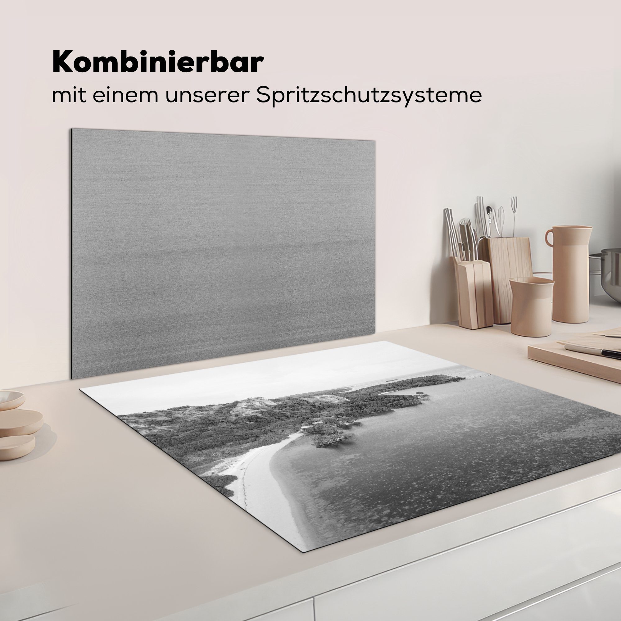 Strand küche Ceranfeldabdeckung, (1 Arbeitsplatte Schwarz Vinyl, - Meer Weiß, 78x78 für Herdblende-/Abdeckplatte cm, - tlg), MuchoWow -